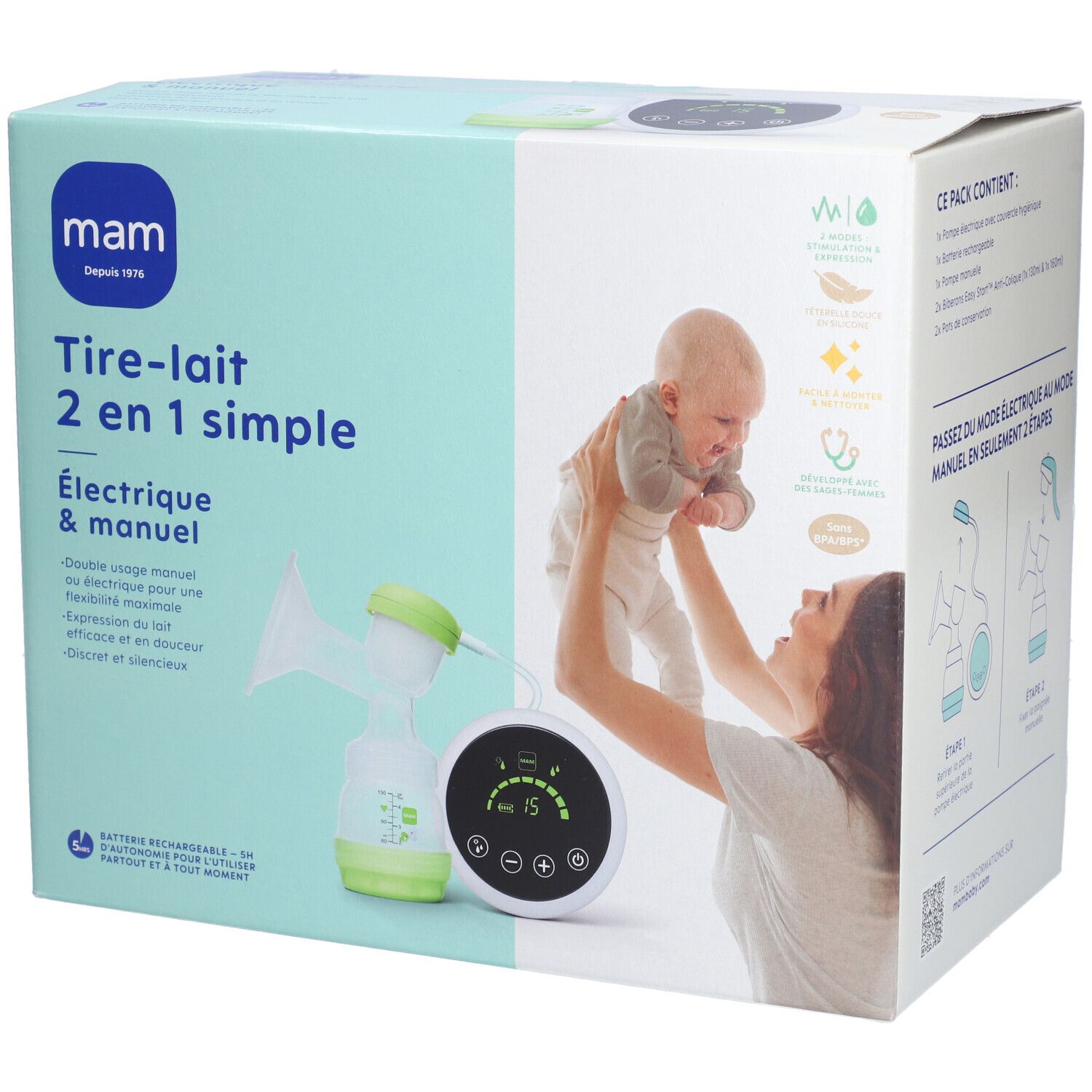 Boîte MAM Tire-lait 2 en 1 simple. L'emballage présente le produit, une mère avec un bébé et des informations sur le produit.
