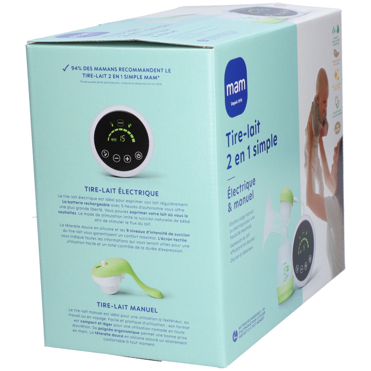 Vue en biais de la boîte MAM Tire-lait 2 en 1 simple. L'emballage présente le produit et des informations sur le produit.