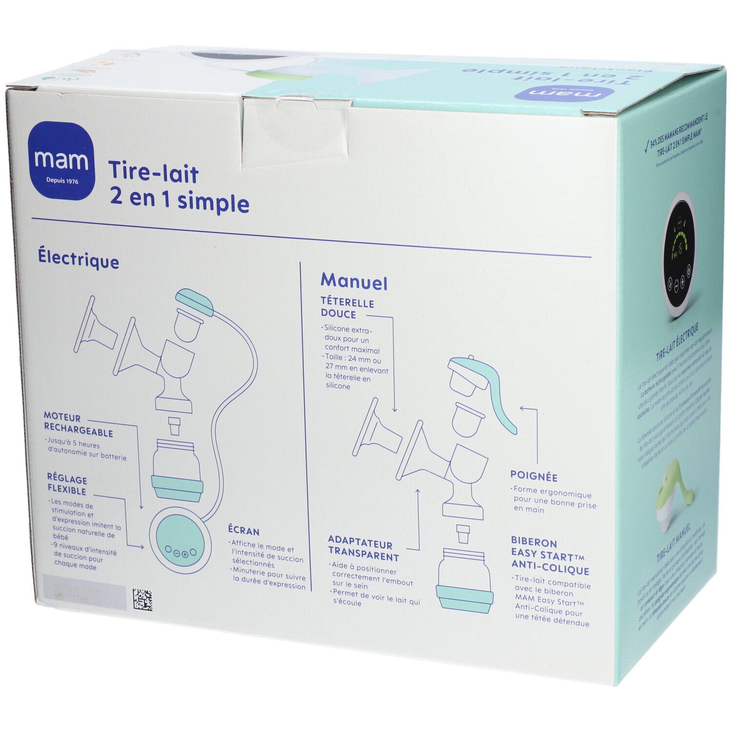 Dos de la boîte MAM Tire-lait 2 en 1 simple. Schémas des composants électriques et manuels.