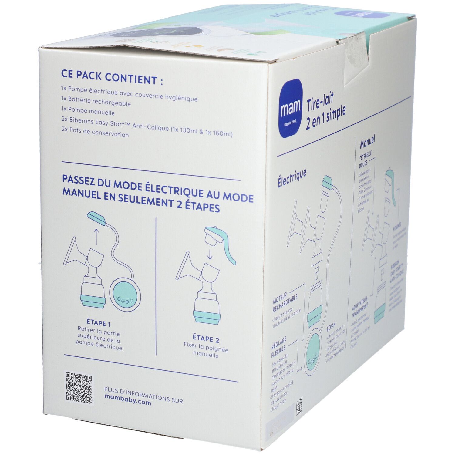 Boîte MAM Tire-lait 2 en 1 simple. Contient des schémas et une liste du contenu.