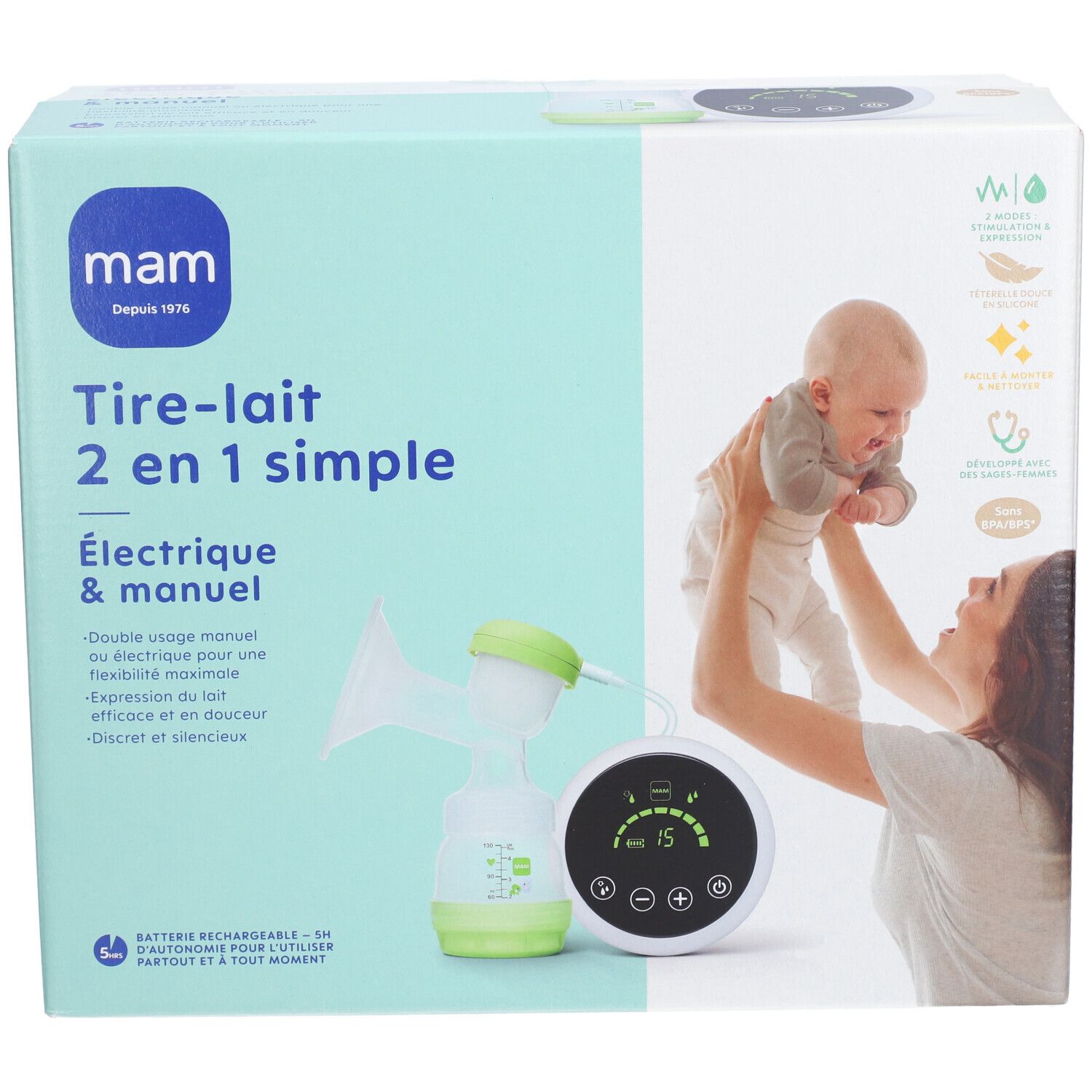 Boîte MAM Tire-lait 2 en 1 simple. L'emballage présente le produit, une mère avec un bébé et des informations sur le produit.