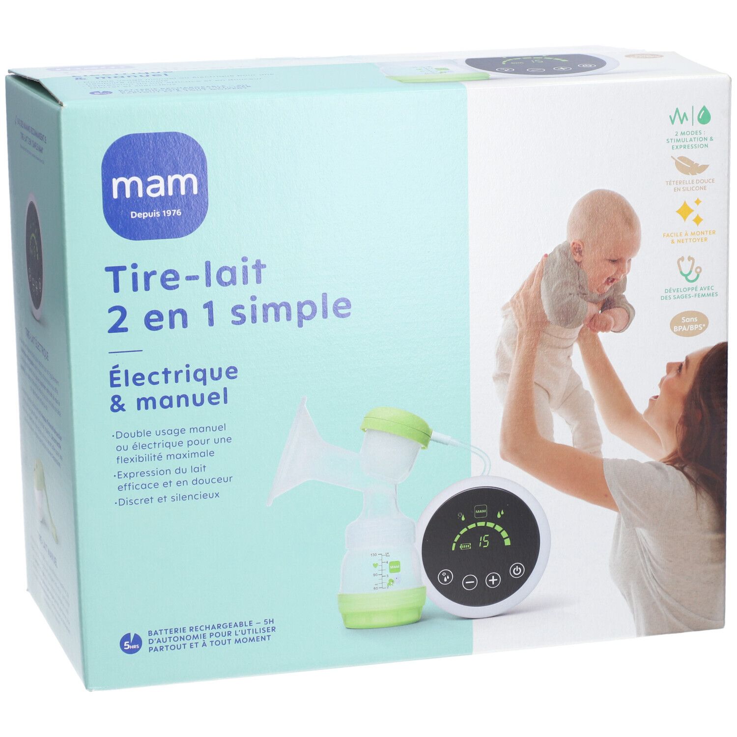 Boîte MAM Tire-lait 2 en 1 simple. L'emballage présente le produit, une mère avec un bébé et des informations sur le produit.