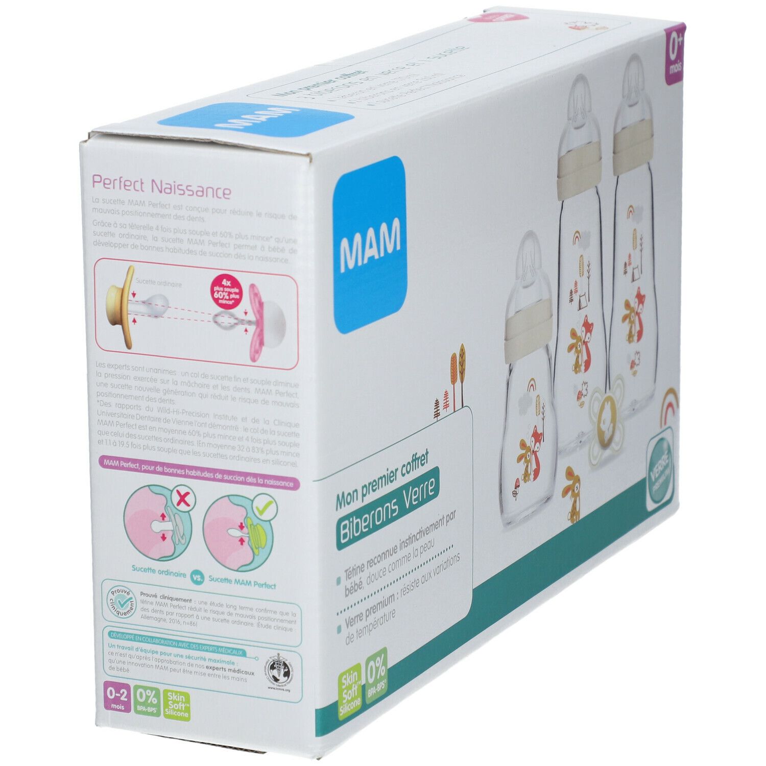 Verpackung des MAM Babyflaschen-Set Glas. Seitenansicht mit Produktabbildung. Text: MAM, Perfect Naissance, Biberons Verre.