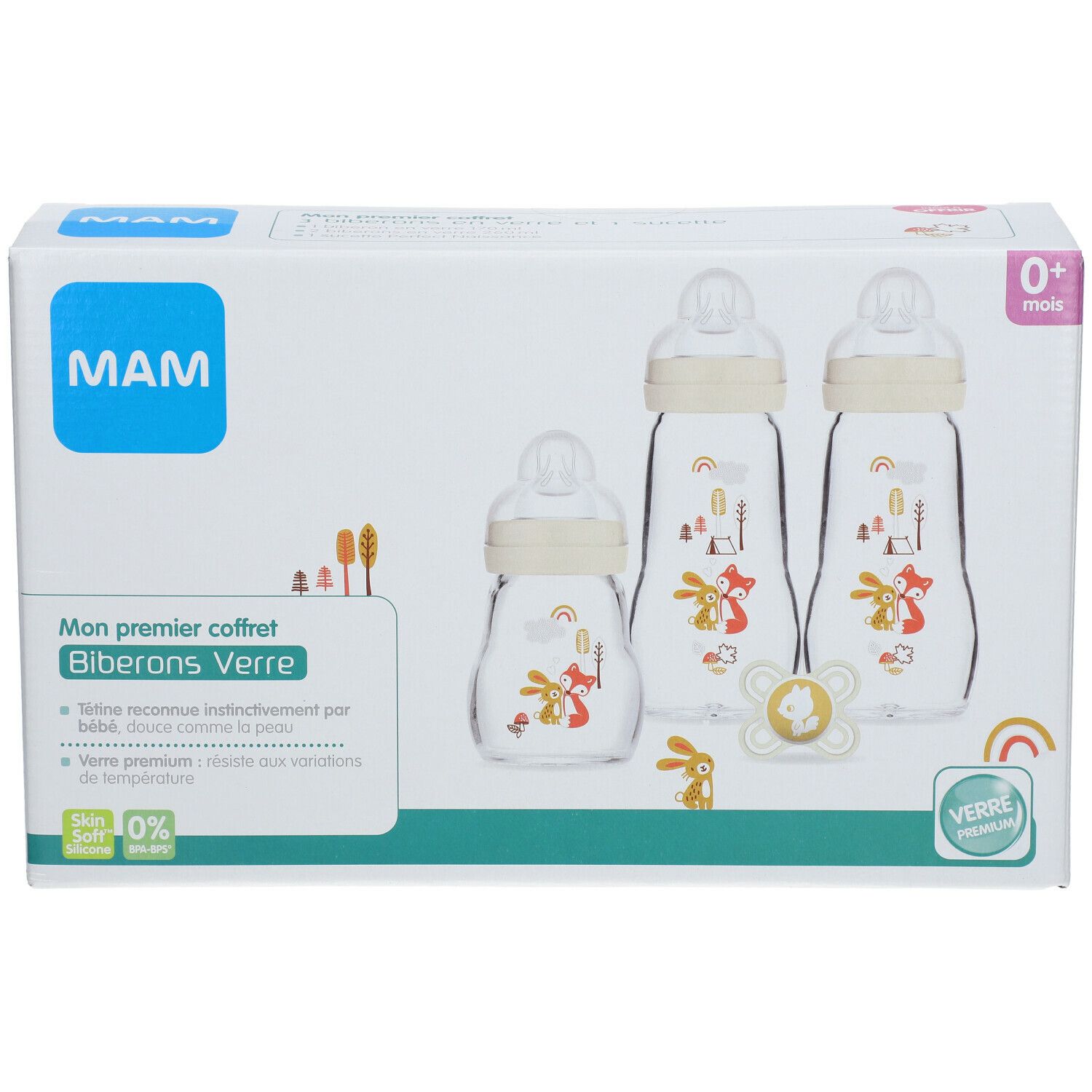 MAM Babyflaschen-Set Glas in Verpackung. Drei Flaschen, ein Schnuller. Text: MAM, Mon premier coffret, Biberons Verre.