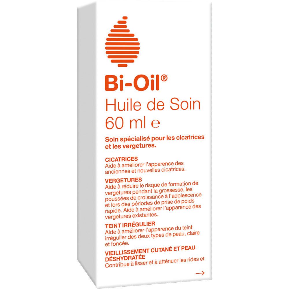 Bi-Oil, Pflegeöl. Verpackung. 60 ml. Spezialpflege für Narben und Dehnungsstreifen. Text auf der Verpackung.
