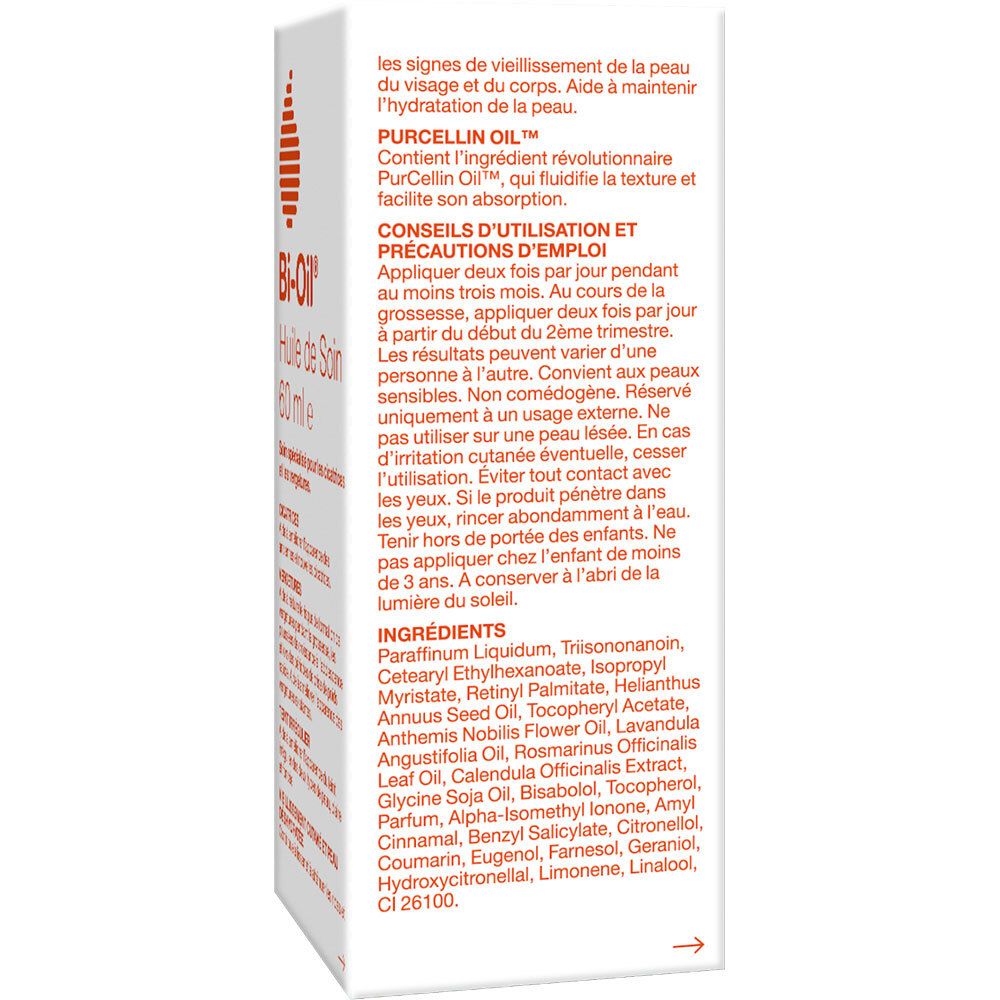 Bi-Oil, Pflegeöl. Verpackung. Rückseite mit Inhaltsstoffen und Anwendungshinweisen. Text.