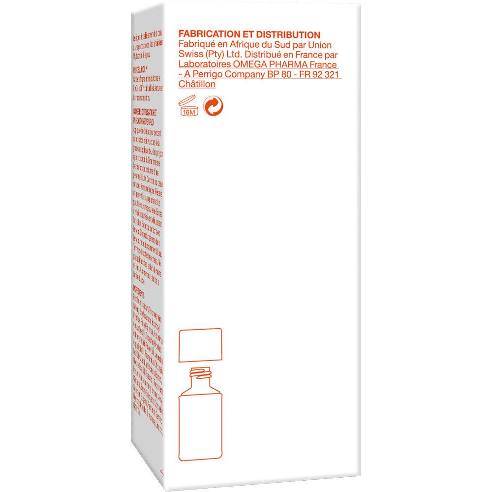 Bi-Oil, Pflegeöl. Verpackung. Seite mit Herstellerinformationen. Text und Piktogramme.