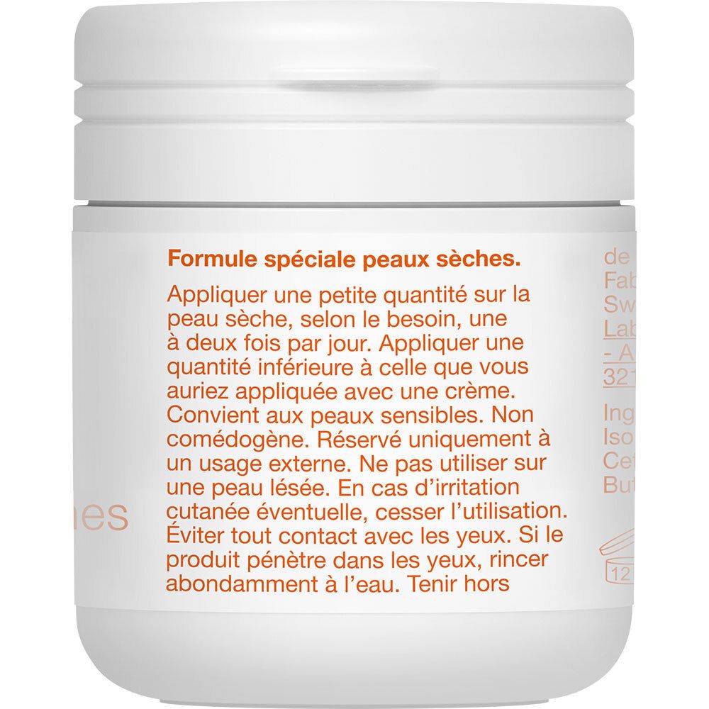 Dos du pot blanc avec texte. Instructions d'utilisation pour peaux sèches.