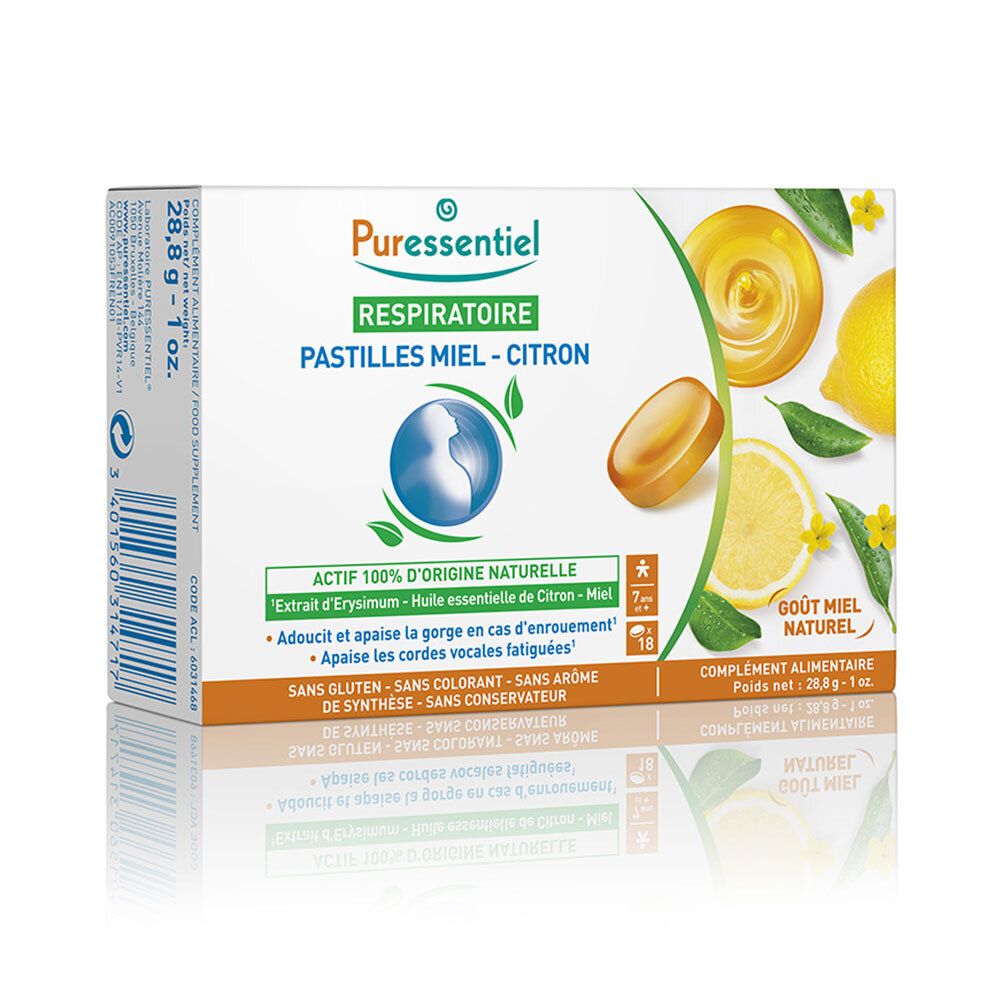 Boîte de pastilles Puressentiel Respiratoire Miel-Citron. Illustrations de citron et miel. Ingrédients naturels. Sans gluten.