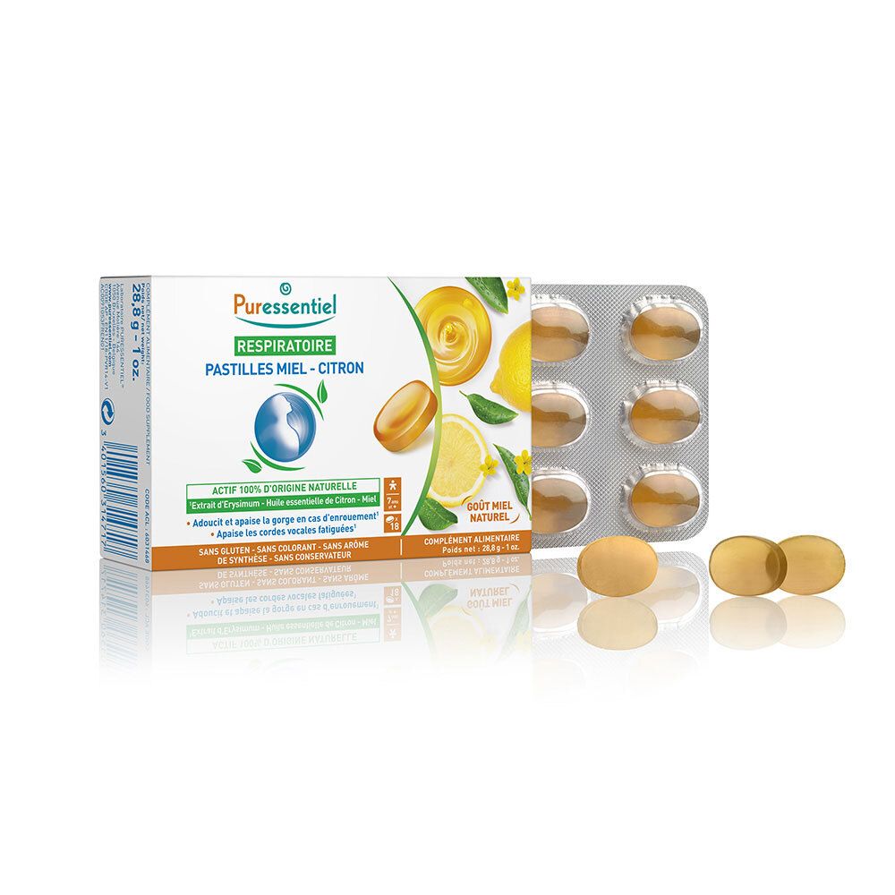 Boîte et pastilles Puressentiel Respiratoire Miel-Citron. Blister de pastilles visible. Illustrations de citron et miel.