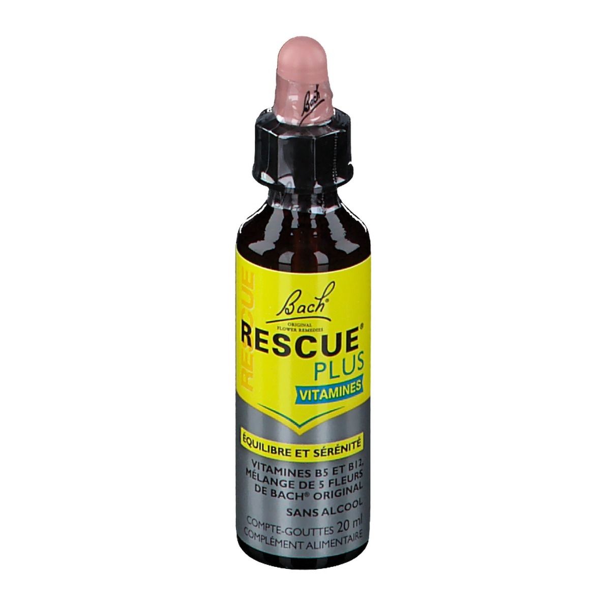Flacon en verre brun avec étiquette jaune. Pipette rose. Texte: RESCUE PLUS VITAMINES. Gouttes.