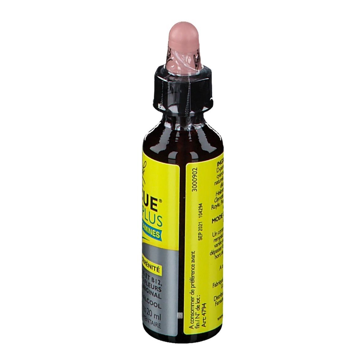 Flacon en verre brun avec étiquette jaune. Pipette rose. Texte: RESCUE PLUS VITAMINES. Gouttes. Texte au dos.