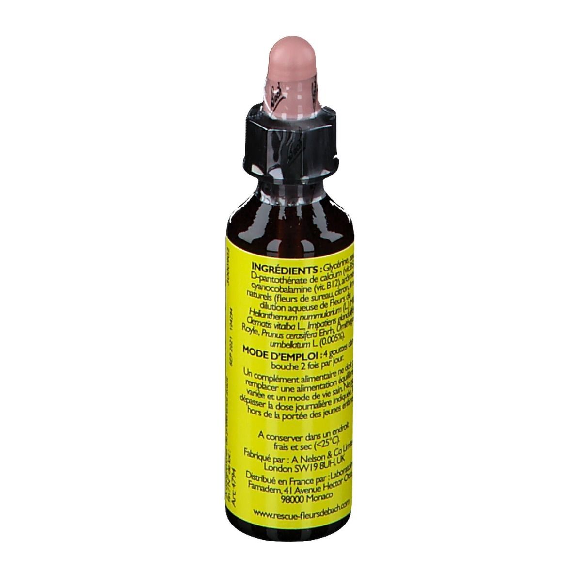 Flacon en verre brun avec étiquette jaune. Pipette rose. Texte au dos: Ingrédients, mode d'emploi.