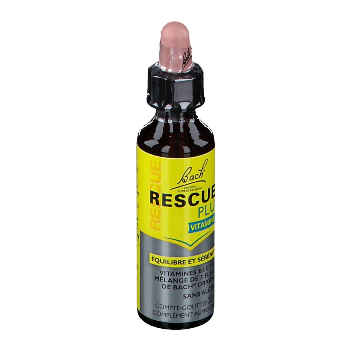 Flacon en verre brun avec étiquette jaune. Pipette rose. Texte: RESCUE PLUS VITAMINES. Gouttes.