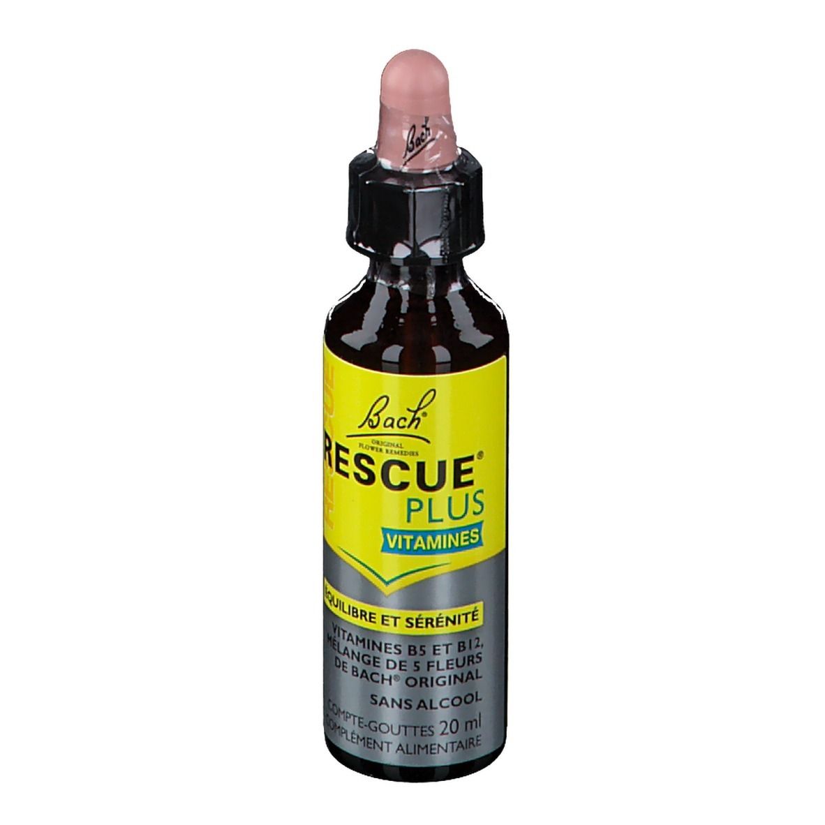 Flacon en verre brun avec étiquette jaune. Pipette rose. Texte: RESCUE PLUS VITAMINES. Gouttes.