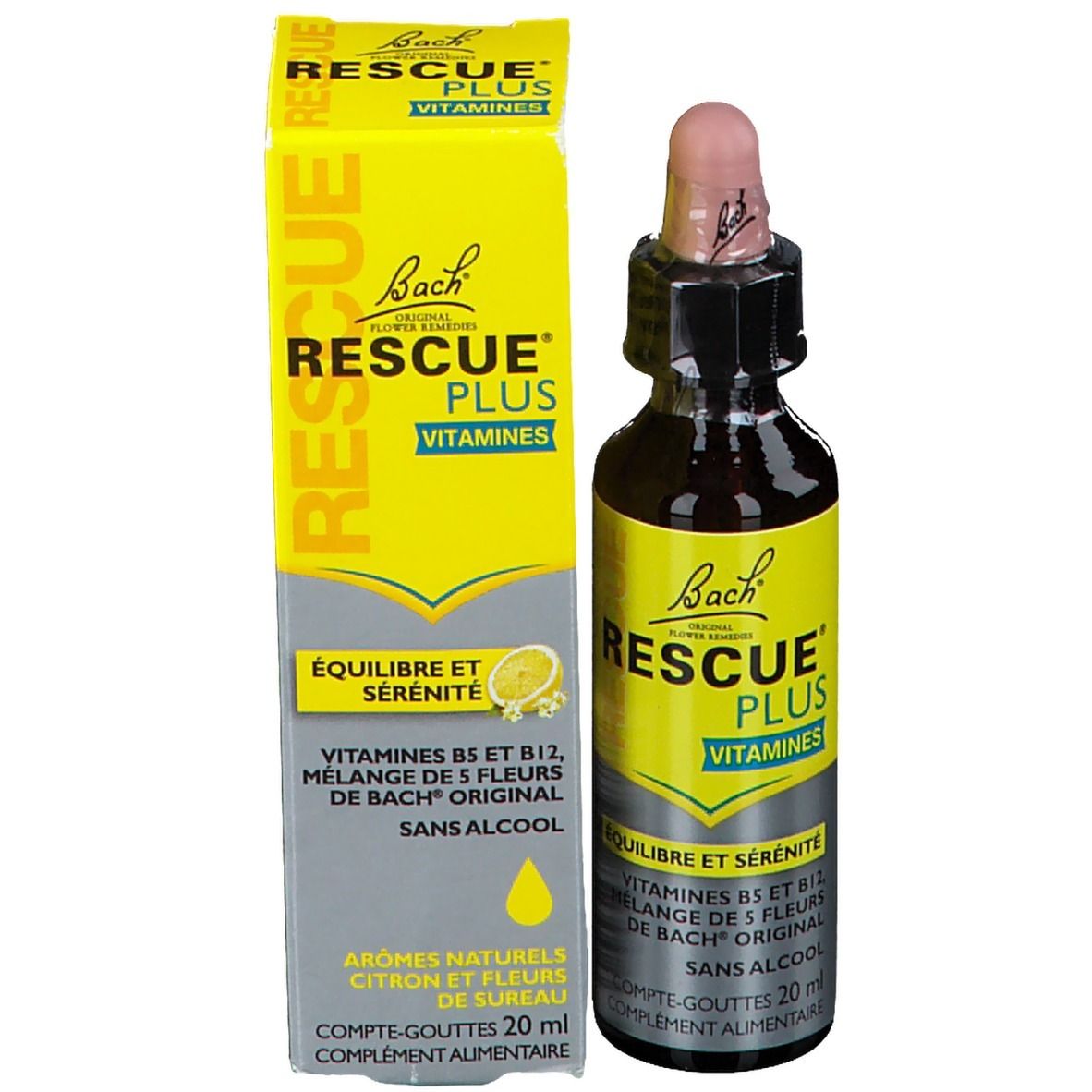 Flacon et boîte. Boîte jaune avec texte: RESCUE PLUS VITAMINES. Gouttes. Flacon à côté.