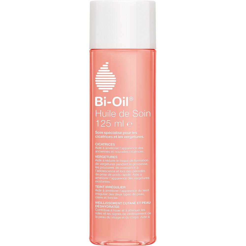 Bi-Oil Huile de Soin, flacon. Texte: cicatrices, vergetures, teint irrégulier.