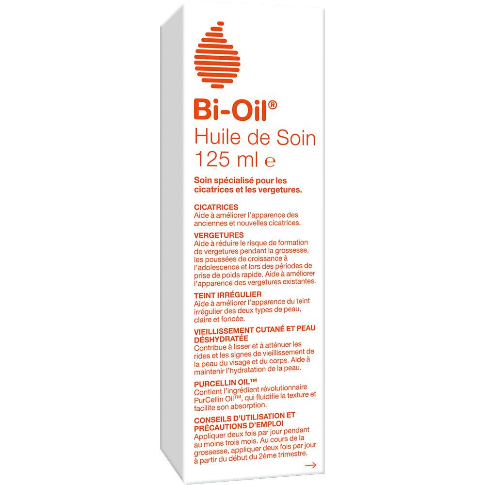 Bi-Oil Huile de Soin, emballage. Texte: cicatrices, vergetures, teint irrégulier.