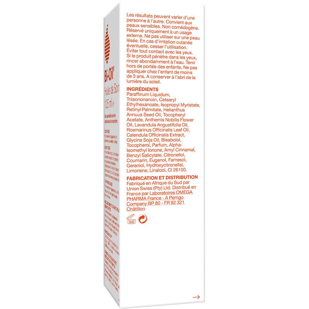 Bi-Oil Huile de Soin, emballage. Texte: ingrédients, conseils d'utilisation.
