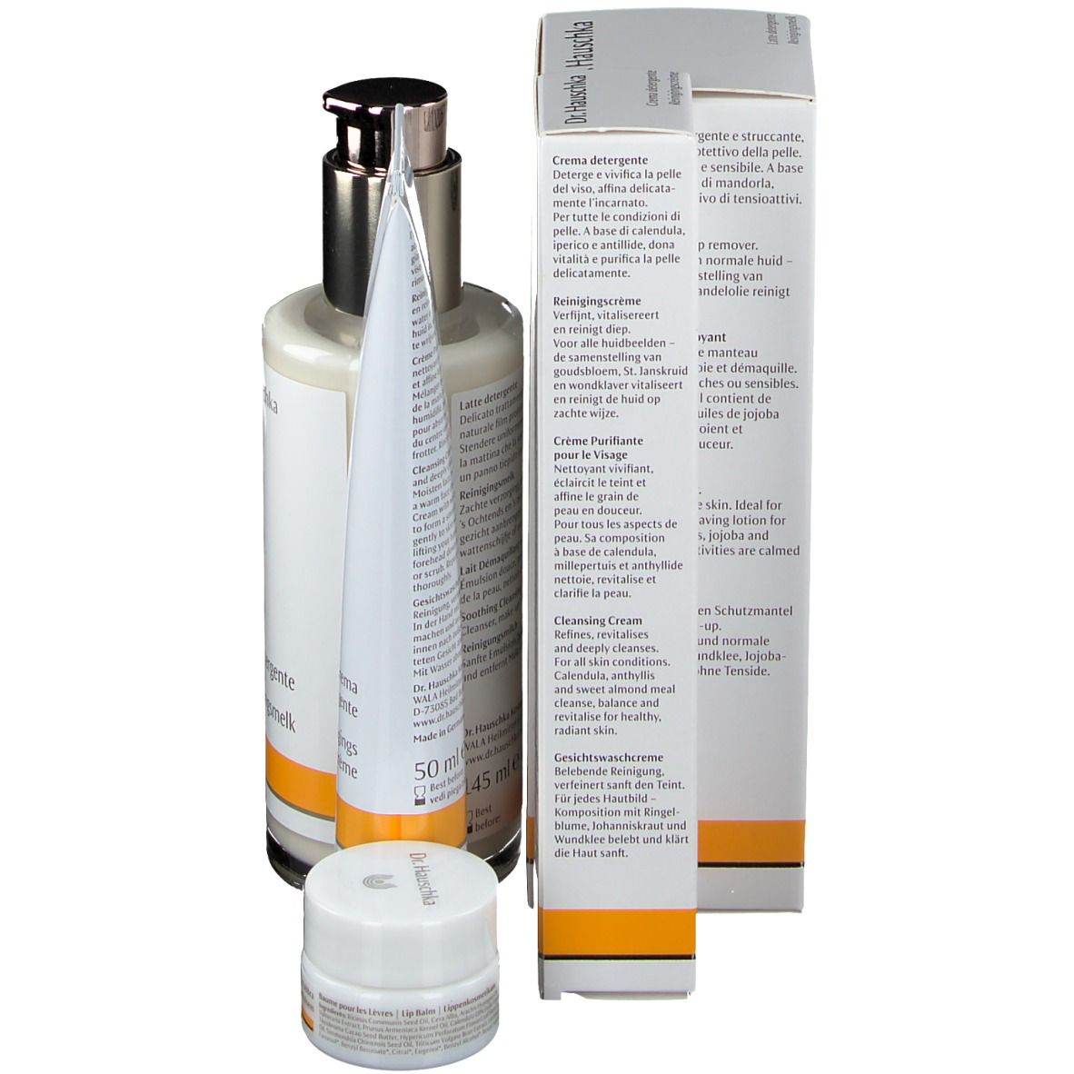 Gesichtspflege-Set mit Flasche, Tube, Tiegel und Verpackung. Aufschrift: Dr. Hauschka. Rückseite mit Produktinformationen.