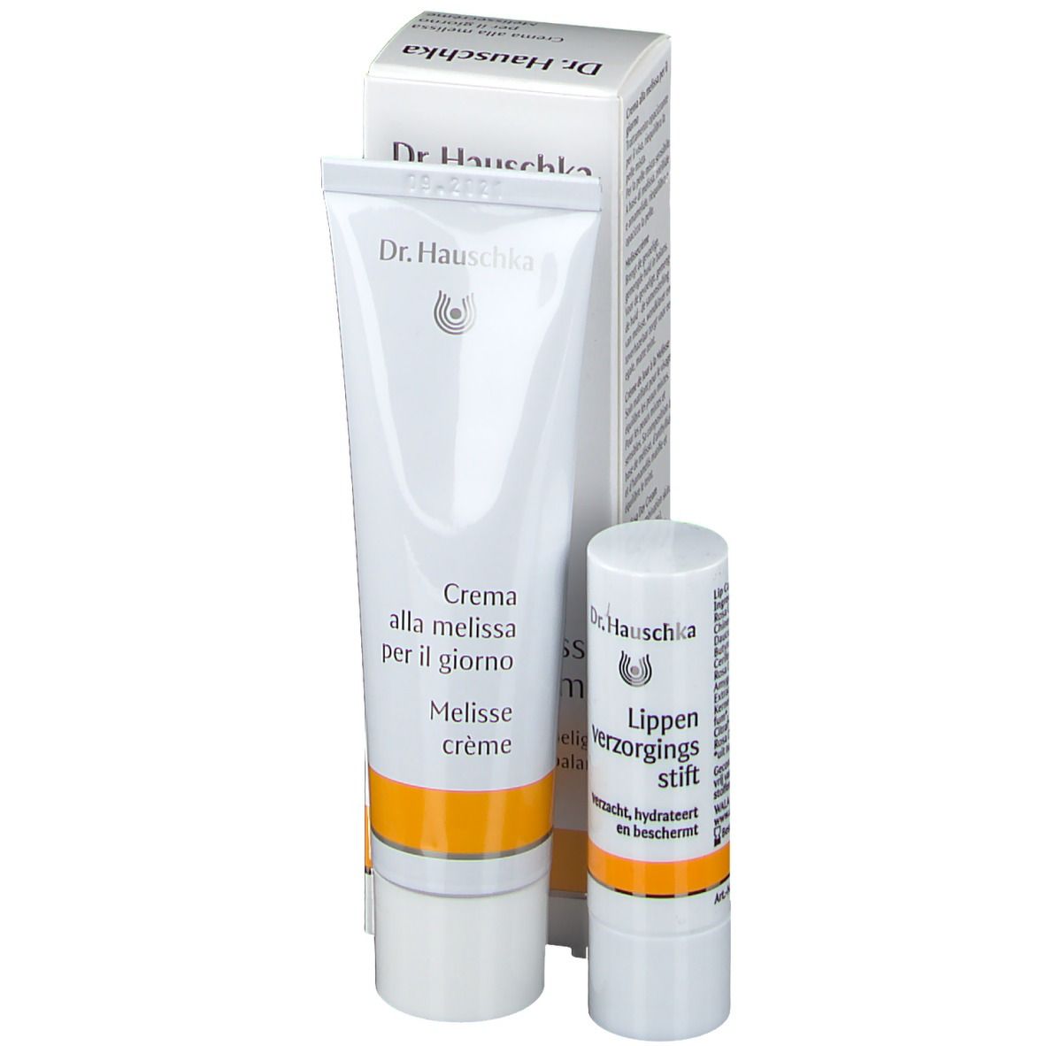 Creme-Tube, Lippenpflegestift und Faltschachtel. Aufschrift: Dr. Hauschka, Melissencreme, Crema alla melissa per il giorno.