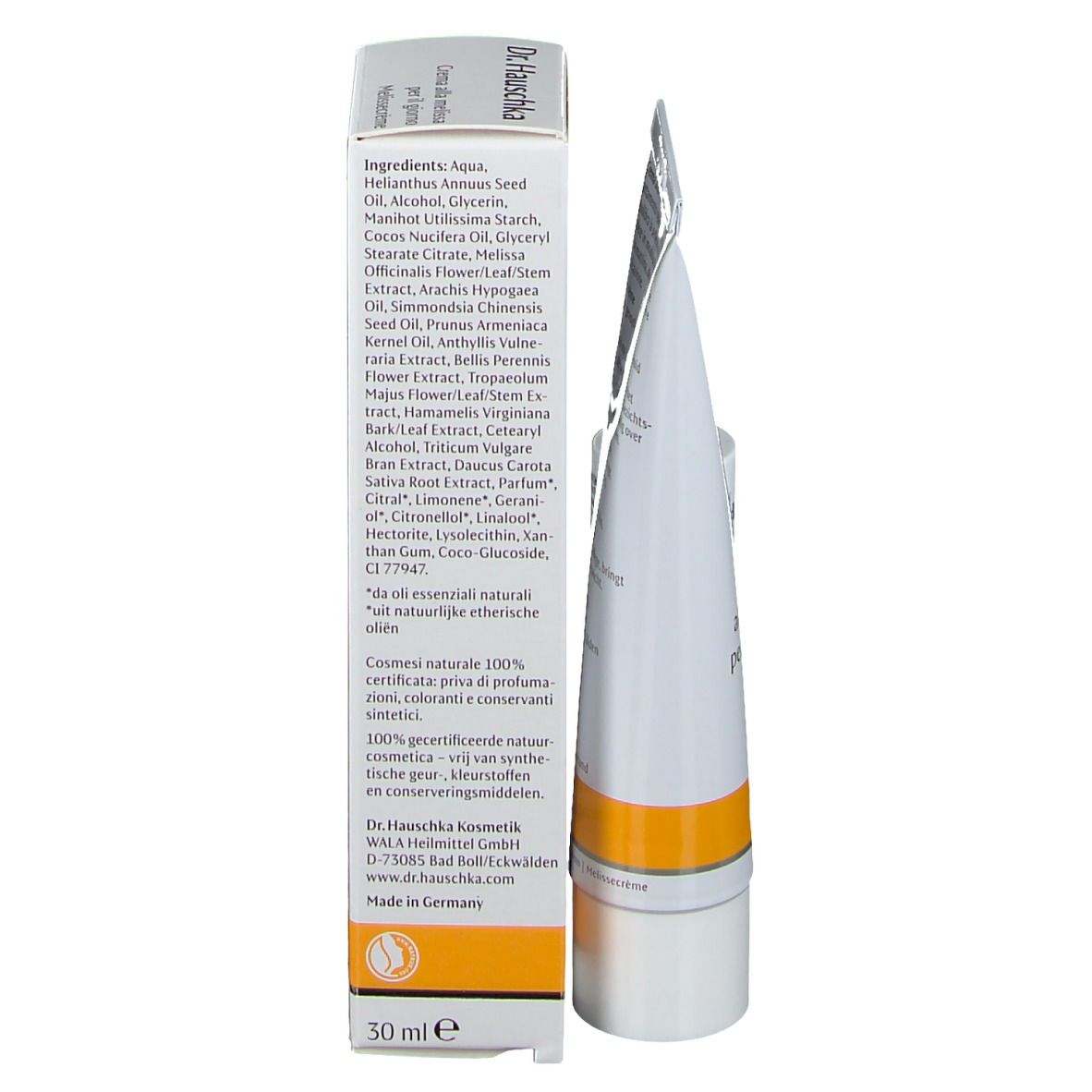 Geöffnete Creme-Tube. Text: Inhaltsstoffe, 30 ml, Made in Germany, Dr. Hauschka.