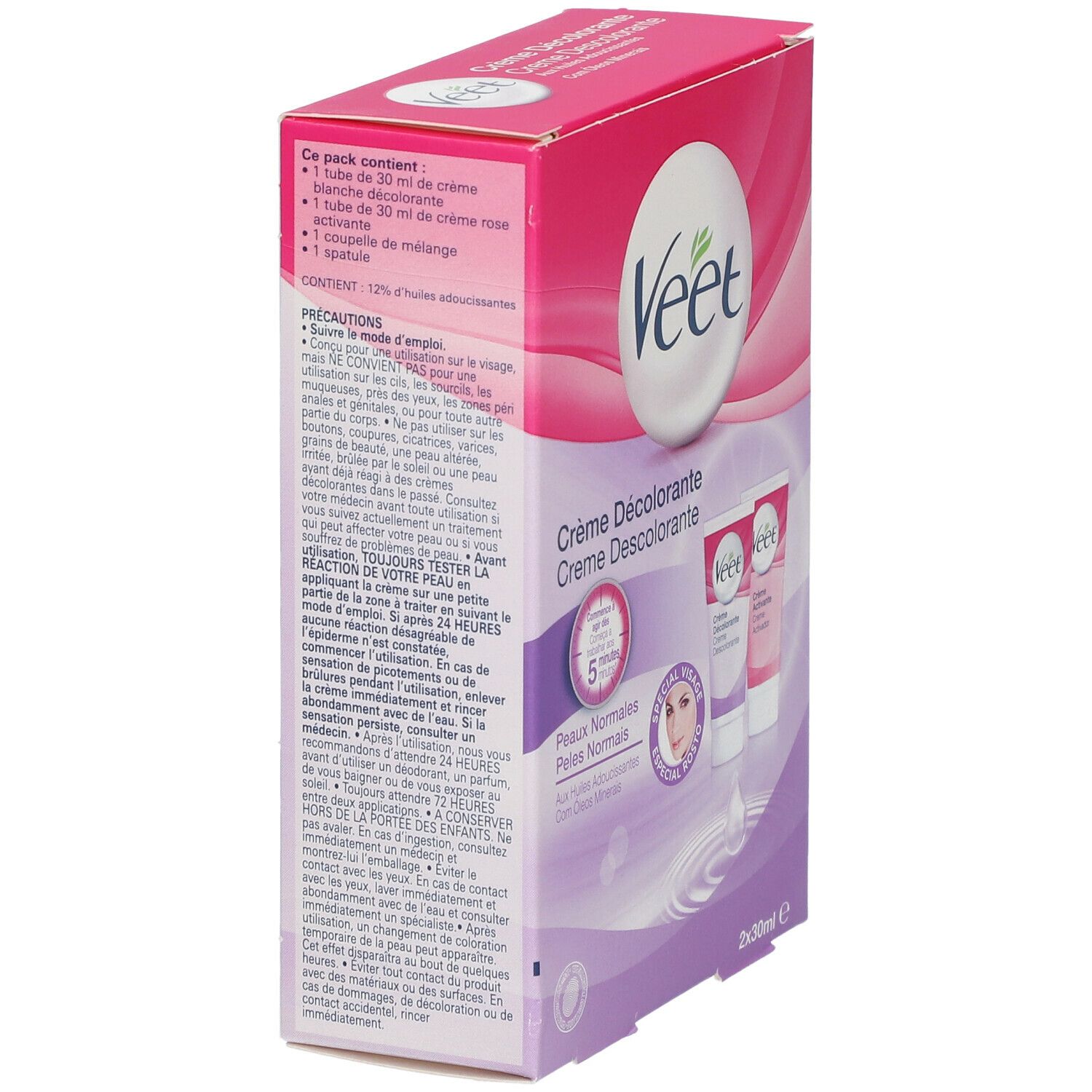 Veet Creme Décolorante Packung, Seitenansicht. Enthält zwei Tuben Creme. Aufschrift: Peaux Normales, 5 Minuten. Inhaltsangaben.