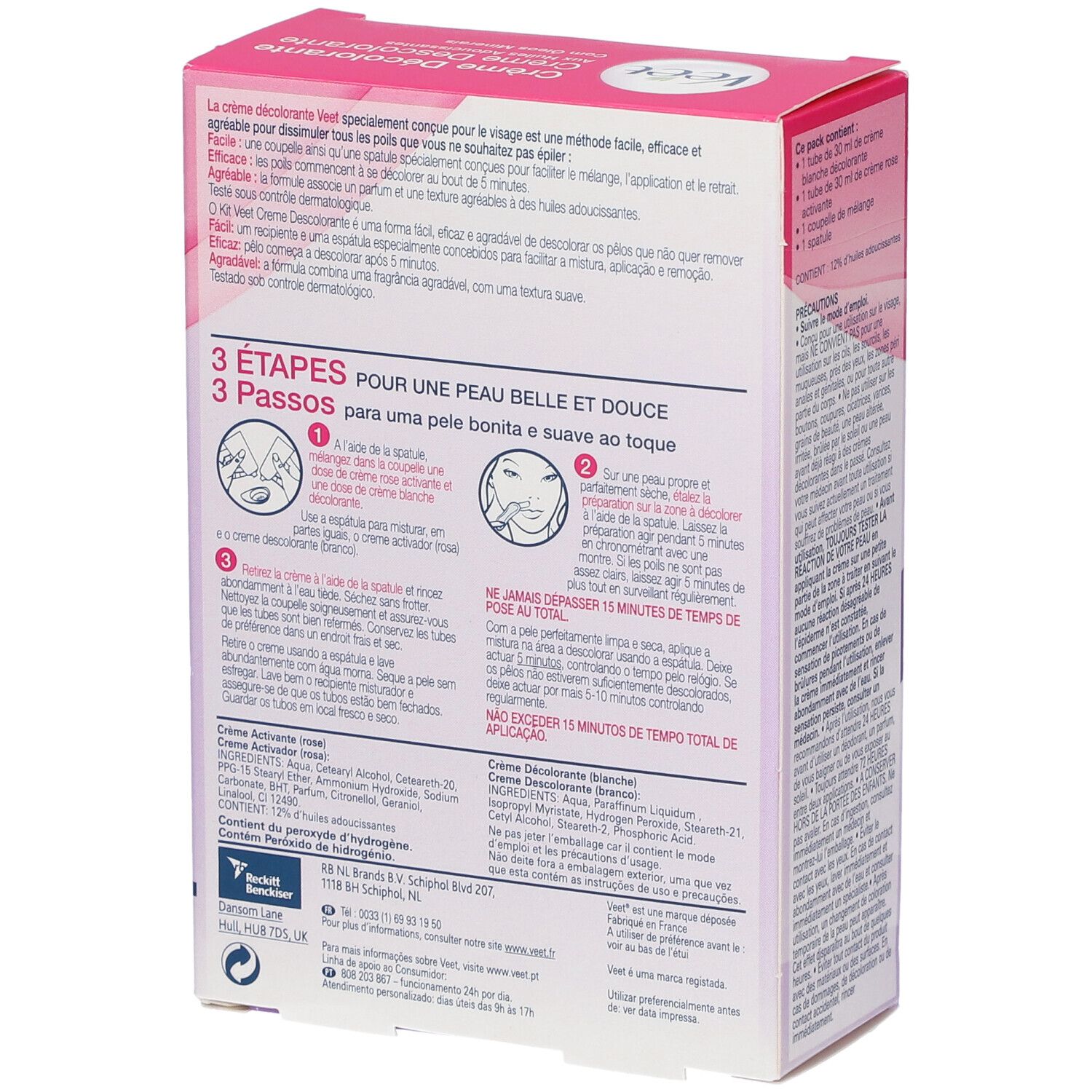 Rückseite der Veet Creme Décolorante Packung. Enthält Anweisungen und Inhaltsangaben. Aufschrift: 3 étapes pour une peau belle et douce.
