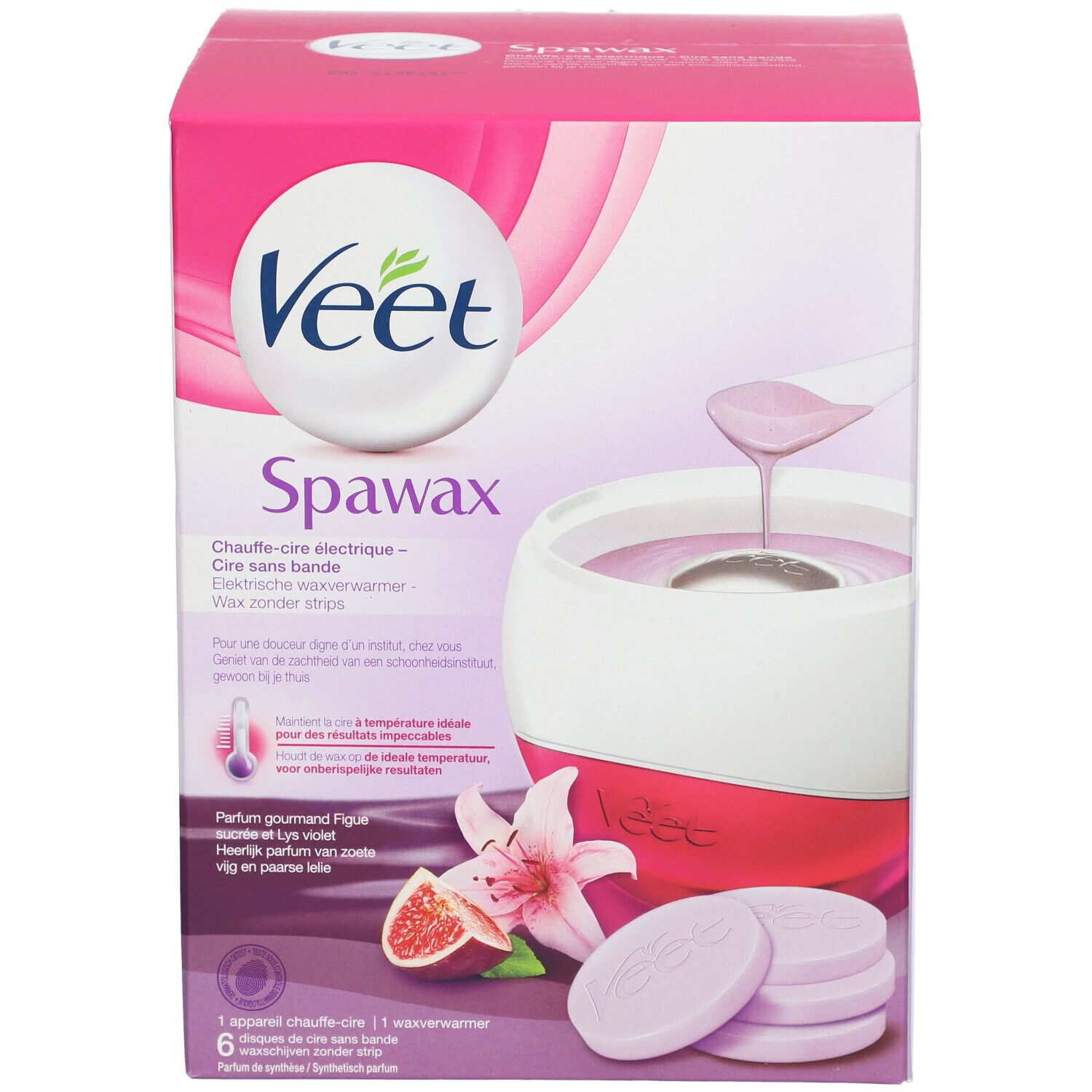Boîte Veet Spawax. Chauffe-cire électrique, cire sans bande. Rose, blanc et violet. Fleurs et figues.