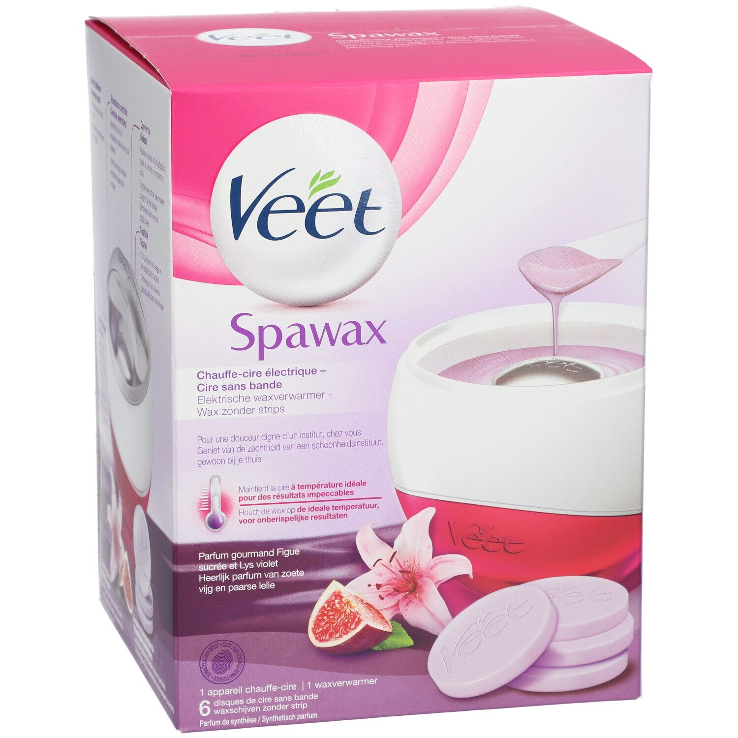 Boîte Veet Spawax. Chauffe-cire électrique, cire sans bande. Rose, blanc et violet. Fleurs et disques de cire.