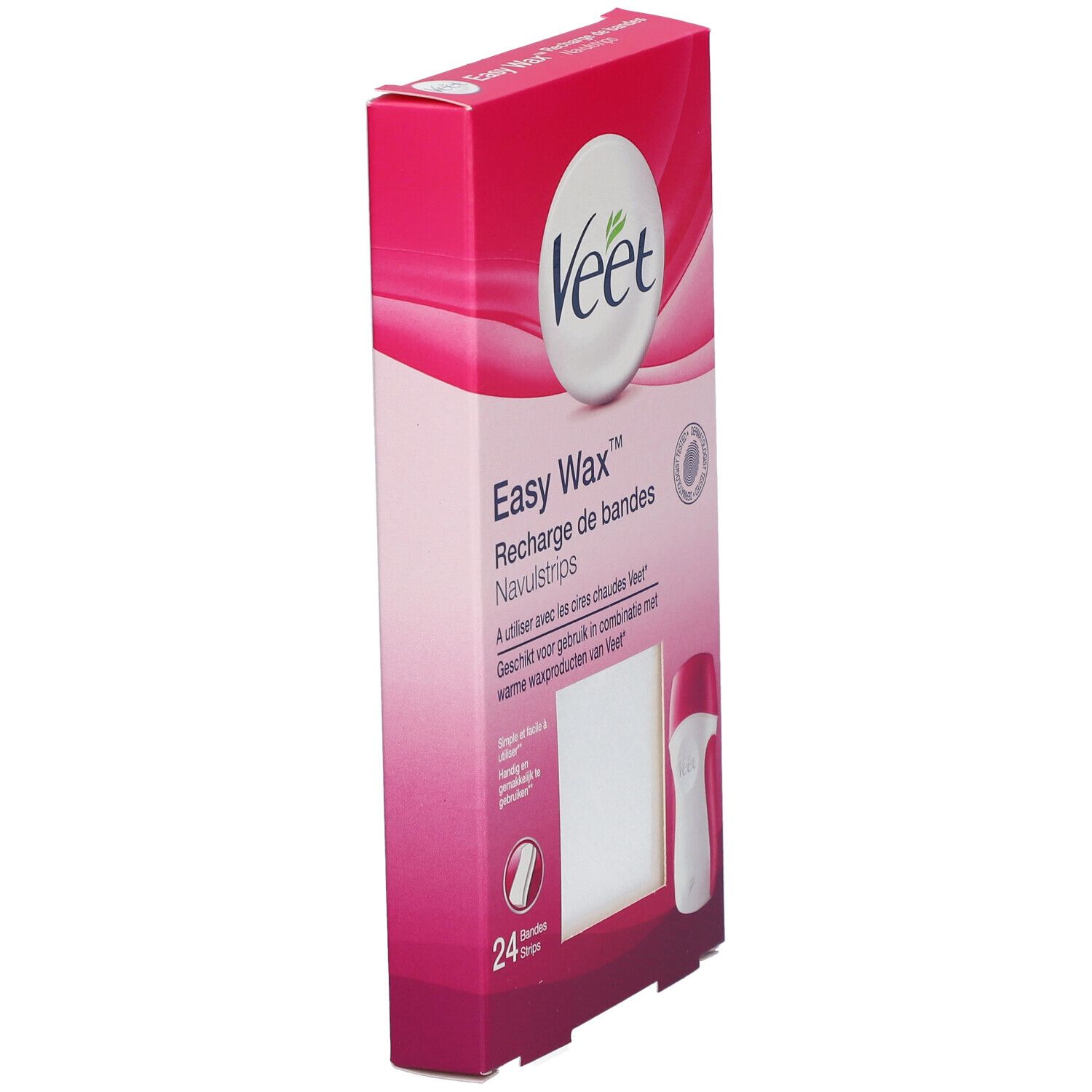 Veet EasyWax™ Verpackung, schräg. Rosa-weißes Design mit Produktabbildung und Text.