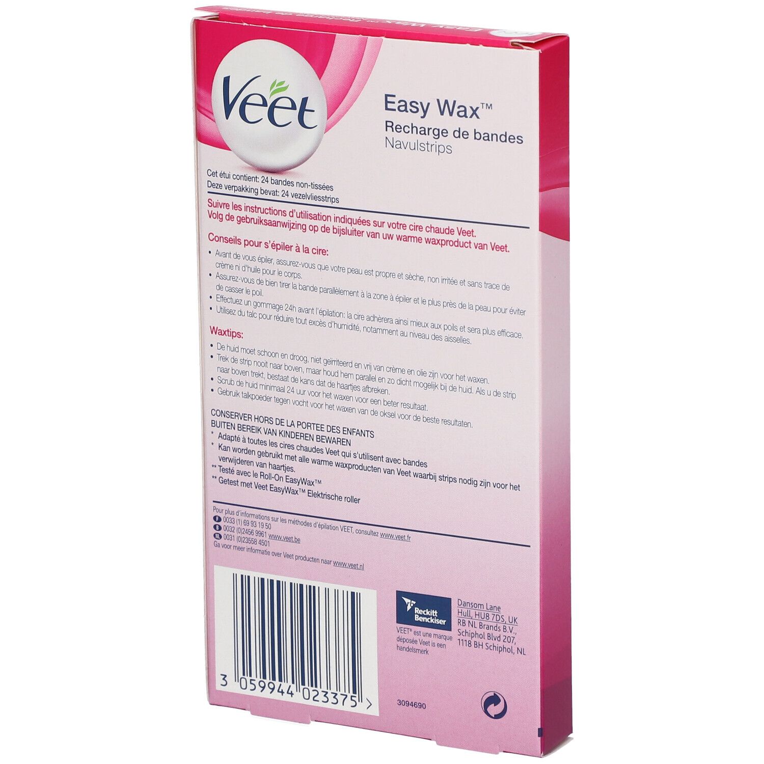 Rückseite der Veet EasyWax™ Verpackung. Rosa-weißes Design mit Text und Barcode.