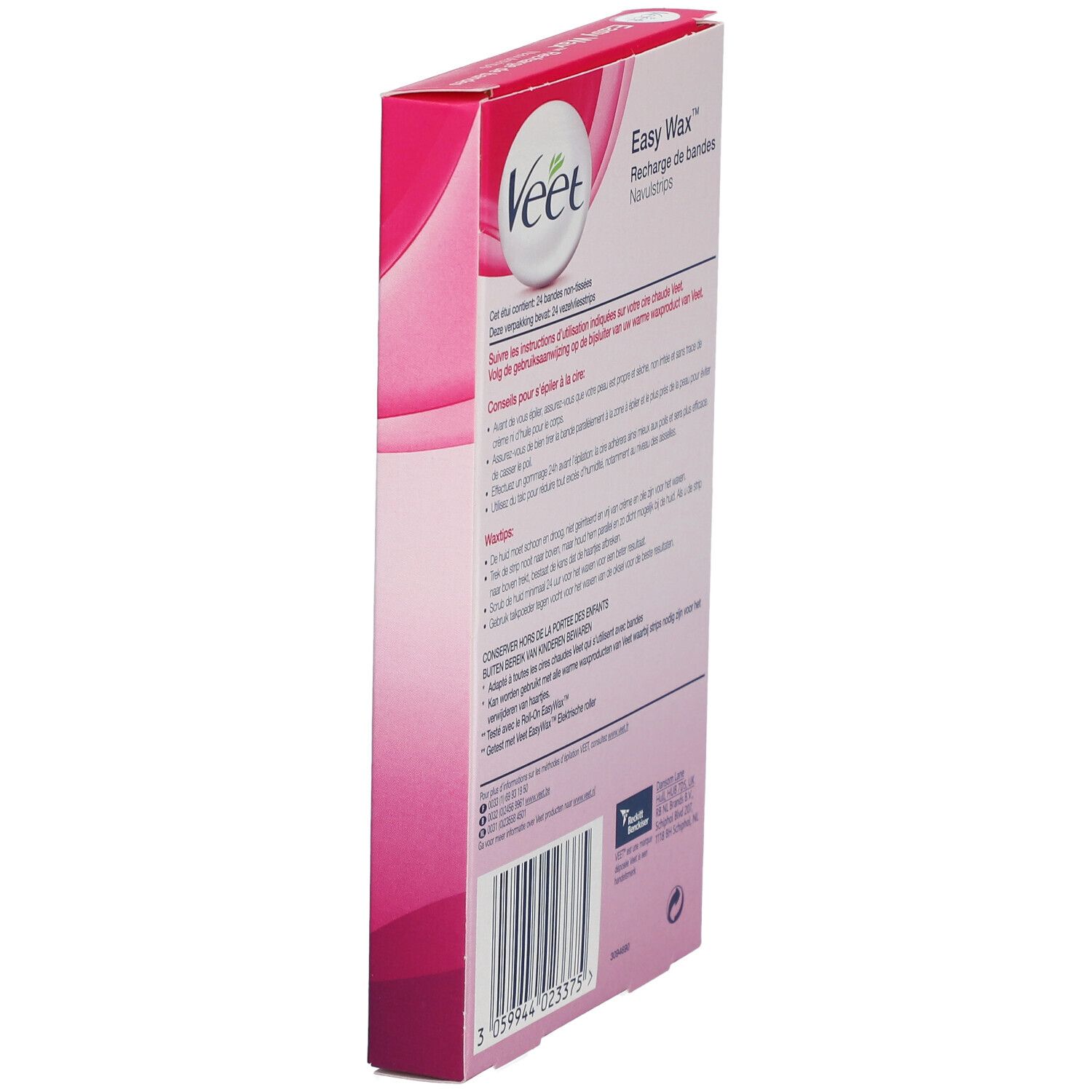 Schrägansicht der Rückseite der Veet EasyWax™ Verpackung. Rosa-weißes Design mit Text.