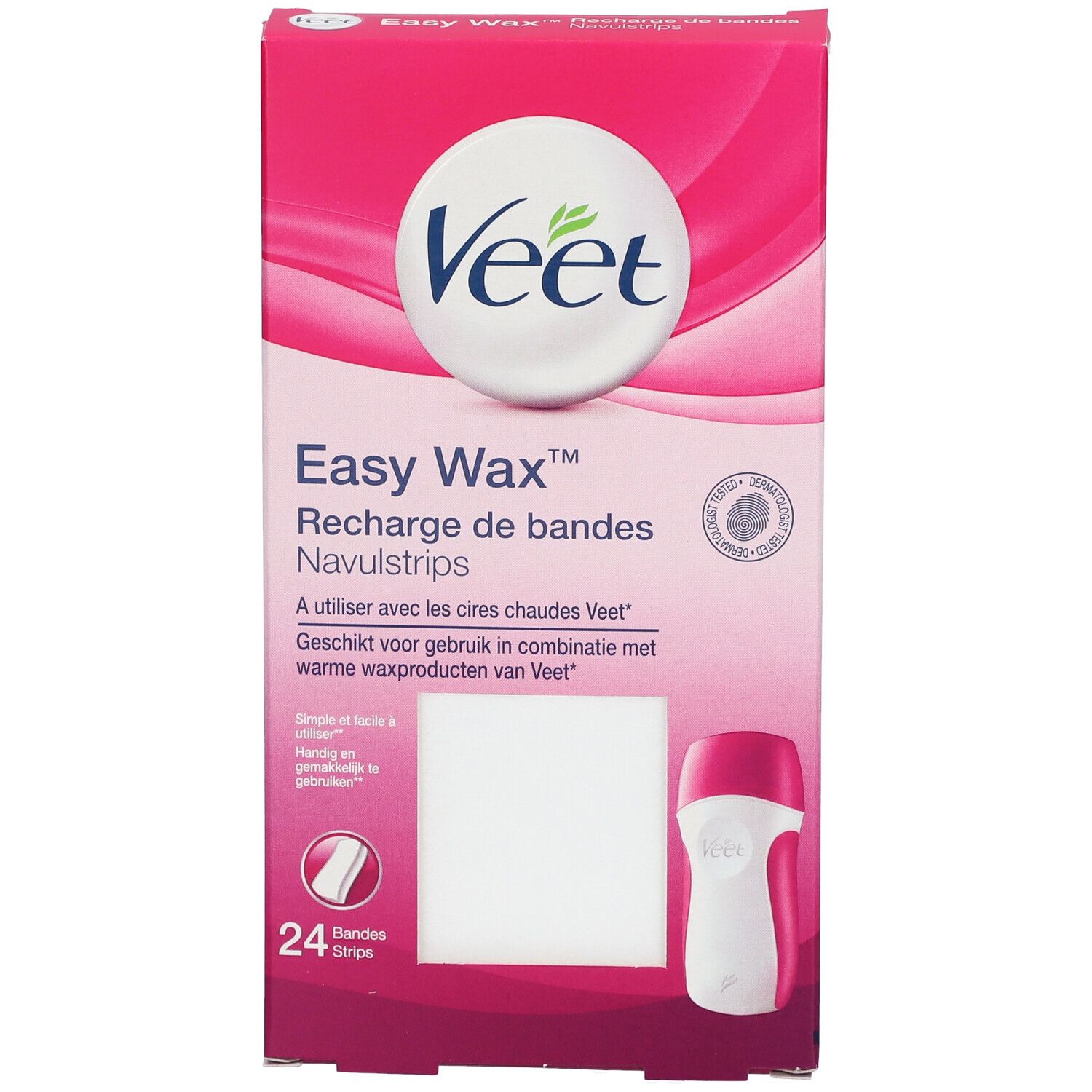 Veet EasyWax™ Nachfüllstreifen-Verpackung. Rosa-weißes Design mit Produktabbildung und 24 Streifen.