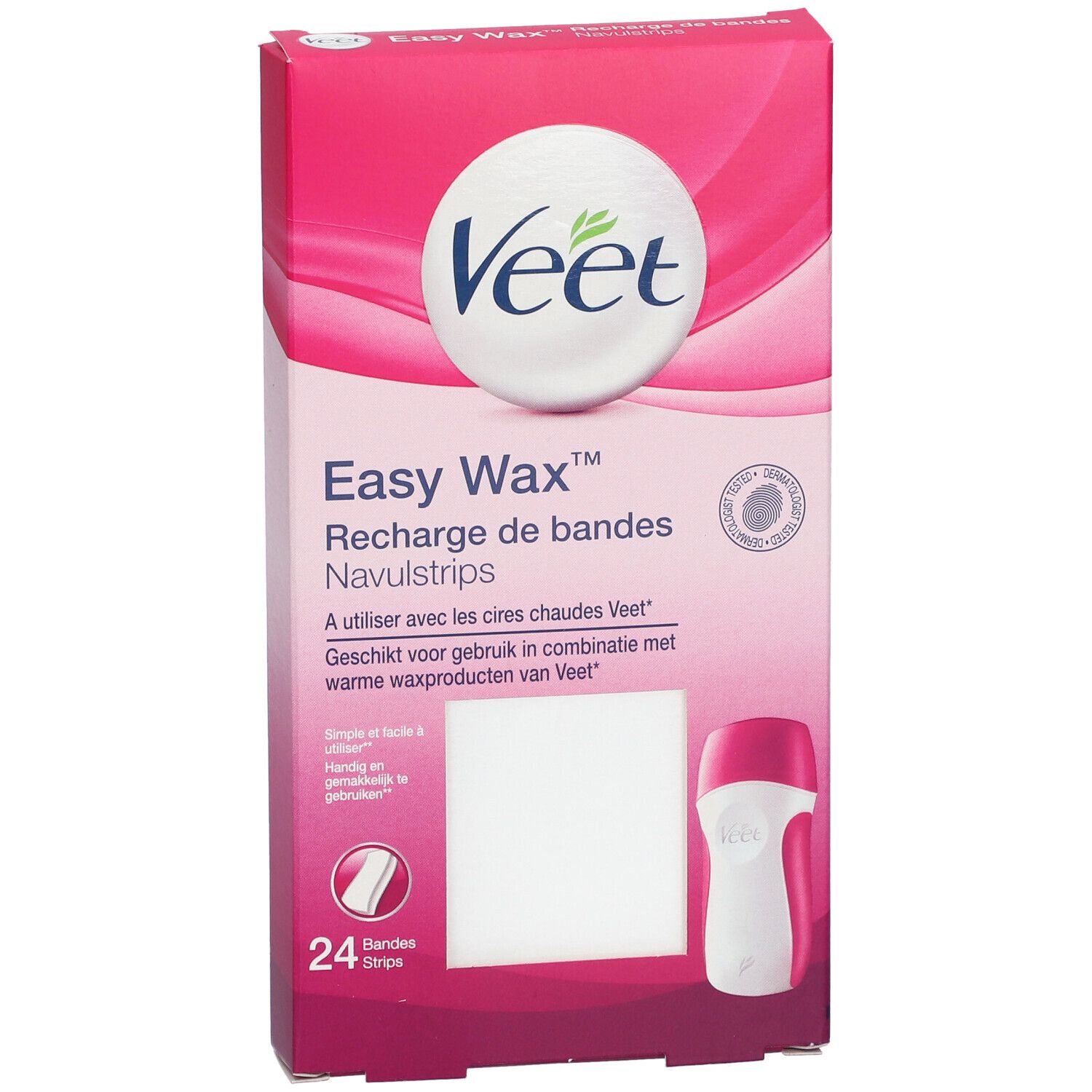 Veet EasyWax™ Nachfüllstreifen-Verpackung. Rosa-weißes Design mit Produktabbildung und 24 Streifen.
