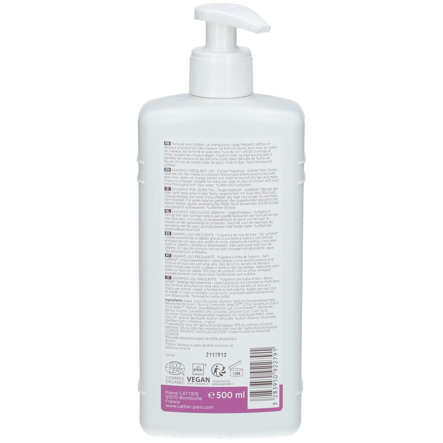 Dos du flacon de shampooing blanc. Texte multilingue. Label Bio, logo Vegan. Volume: 500 ml.
