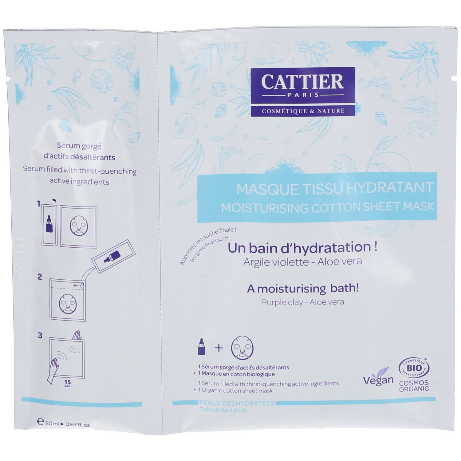 Feuchtigkeitsspendende Tuchmaske in weißer Verpackung. Mit Produktnamen und Inhaltsangaben. Bio-Siegel.