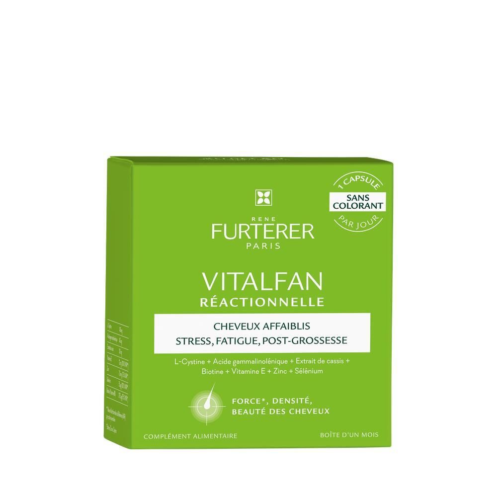 Boîte verte VITALFAN Réactionnelle. Contient des capsules pour les cheveux. Sans colorant.