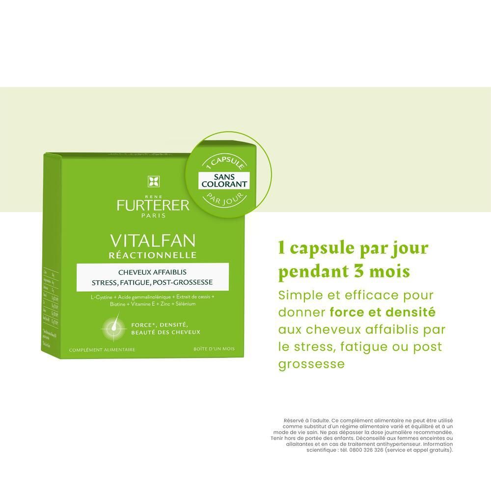 Boîte verte VITALFAN Réactionnelle. Texte: 1 capsule par jour pendant 3 mois. Simple et efficace pour cheveux affaiblis.