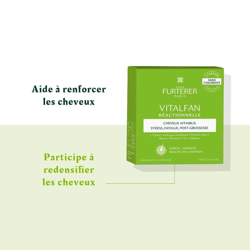 Boîte verte avec texte. Aide à renforcer les cheveux et à les redensifier. VITALFAN Réactionnelle.