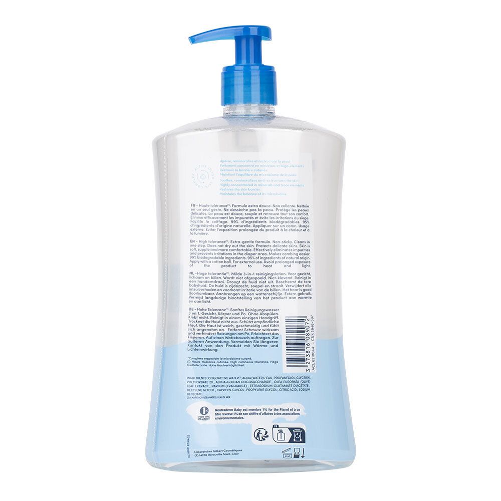 Rückseite der Neutraderm Baby Reinigungswasser-Flasche. Text in mehreren Sprachen. Blauer und weißer Farbverlauf.