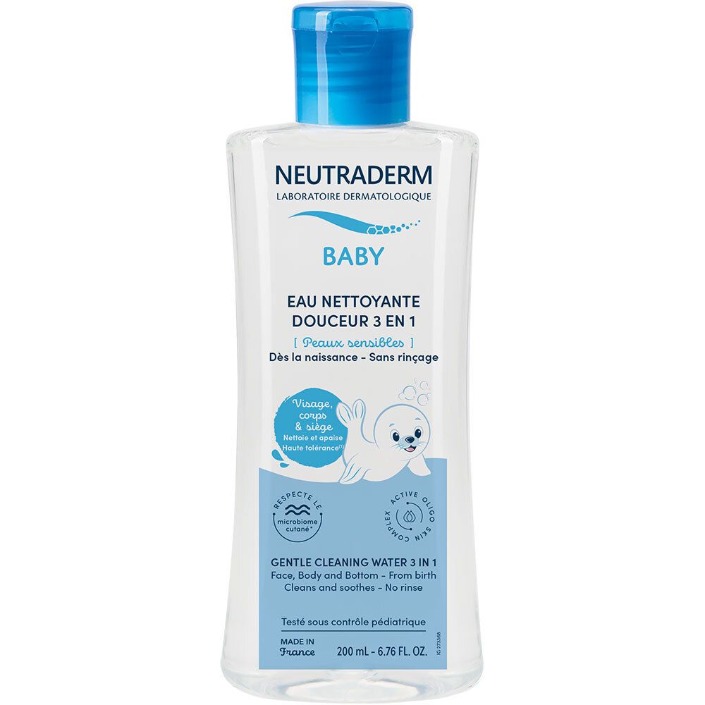 Flacon NEUTRADERM Baby Eau nettoyante douceur 3 en 1. Emballage bleu et blanc. Nom du produit et logo visibles.