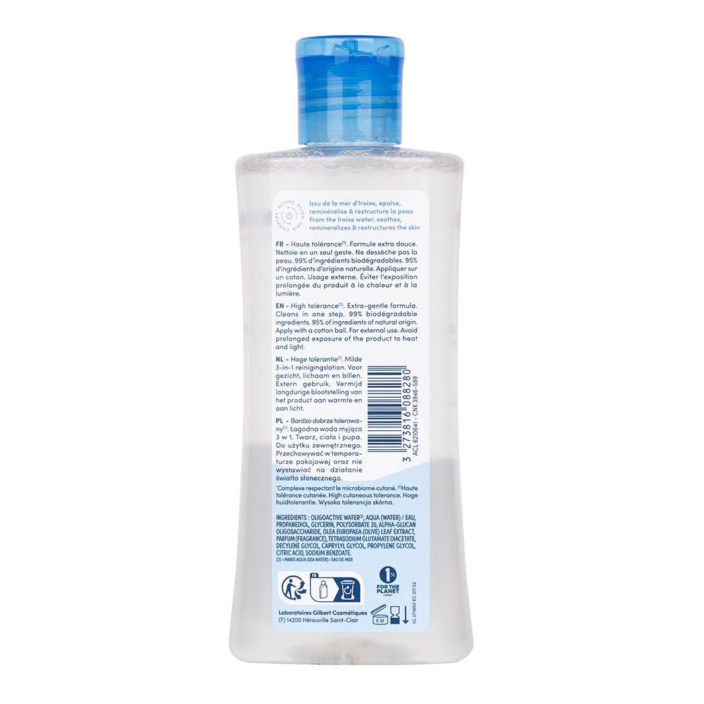 Dos du flacon NEUTRADERM Baby Eau nettoyante douceur 3 en 1. Informations textuelles et logos sur fond blanc.