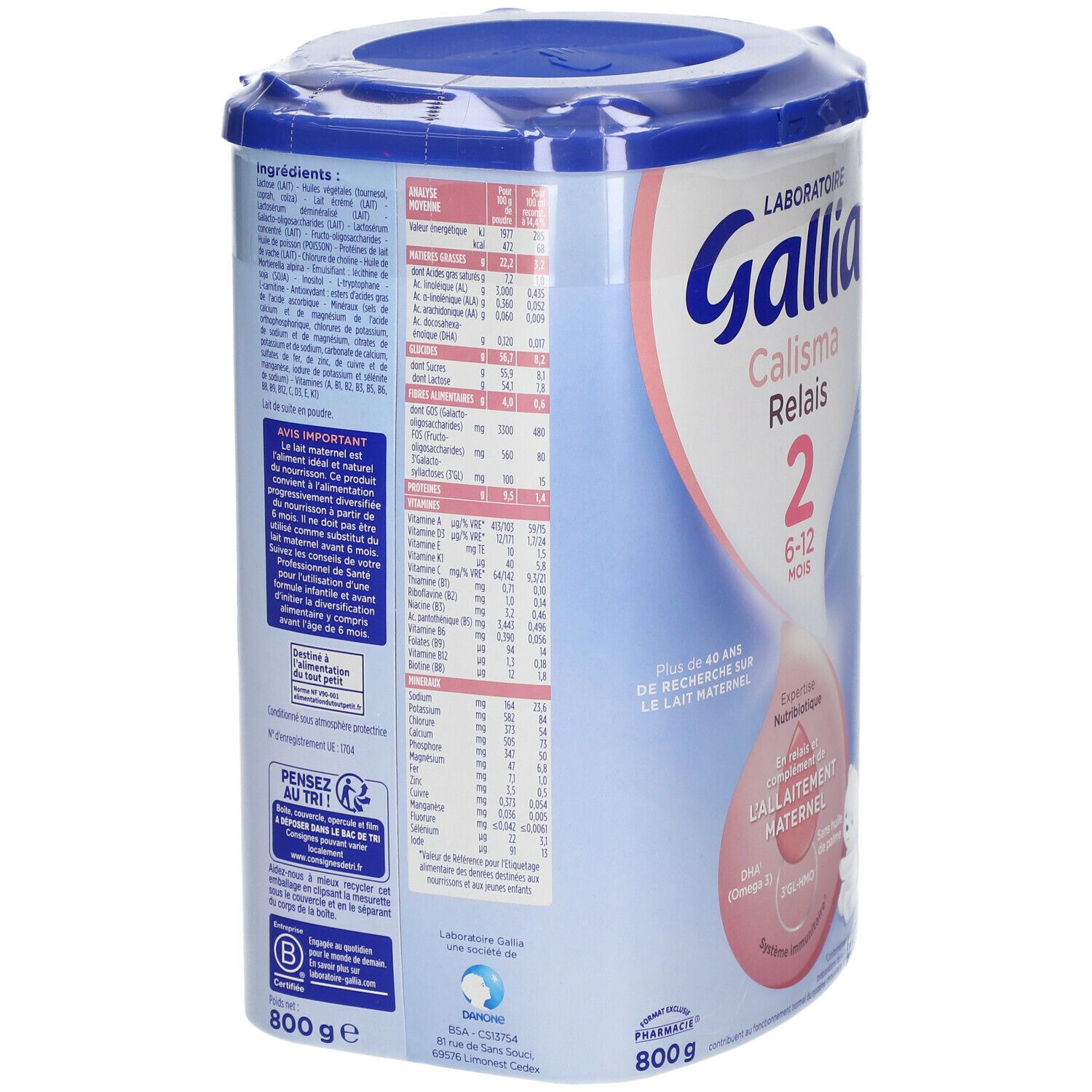 Dos de la boîte Gallia Calisma Relais 2. Informations sur ingrédients et valeurs nutritionnelles. 800g.