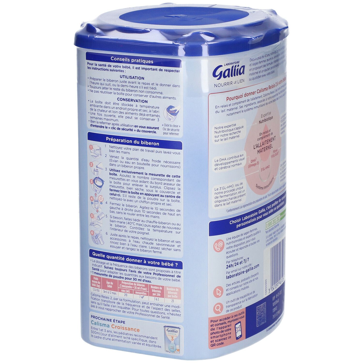 Dos de la boîte Gallia Calisma Relais 2. Instructions de préparation et dosage. 800g.