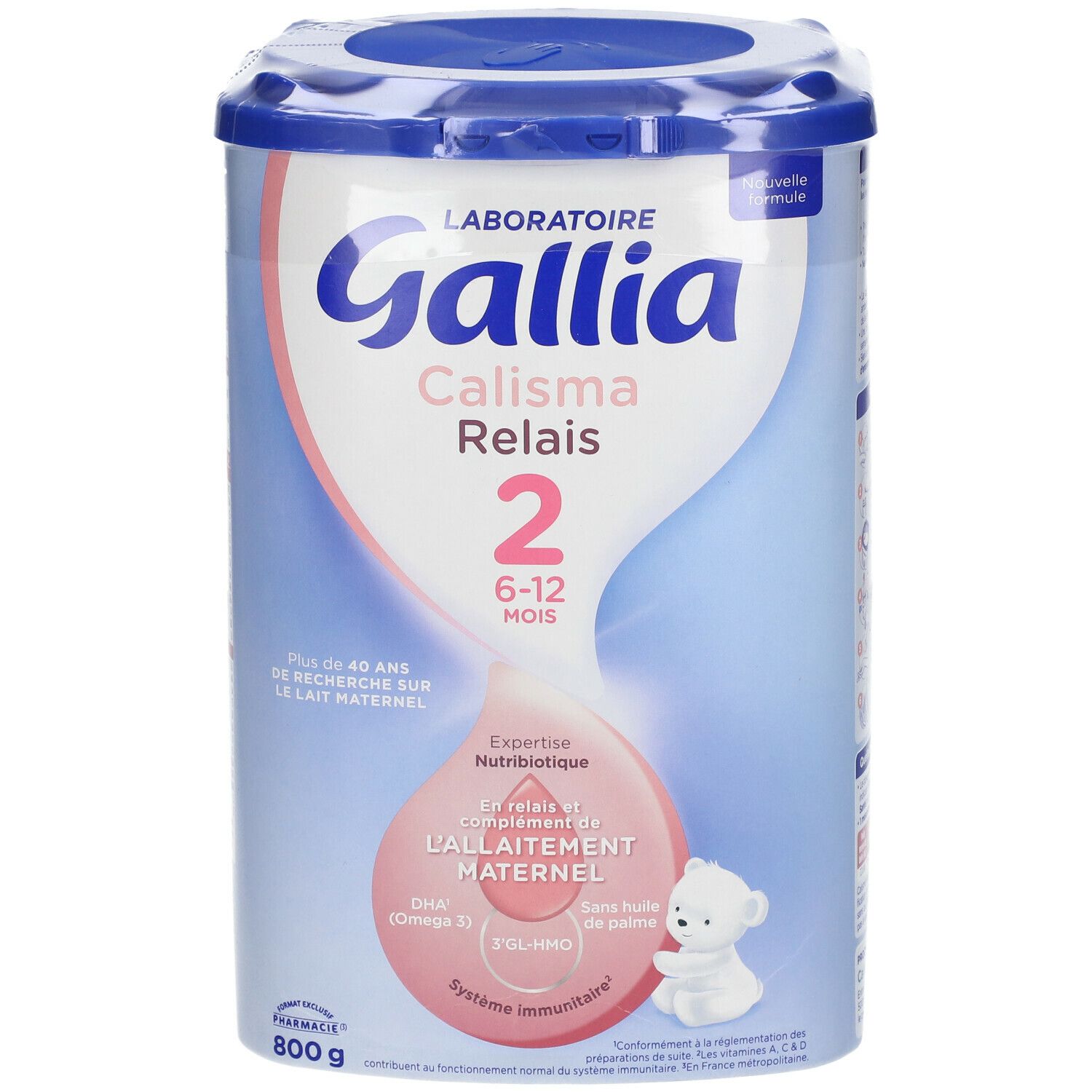 Boîte bleu et blanche Gallia Calisma Relais 2. Contient 800g. Pour bébés 6-12 mois. Nouvelle formule.