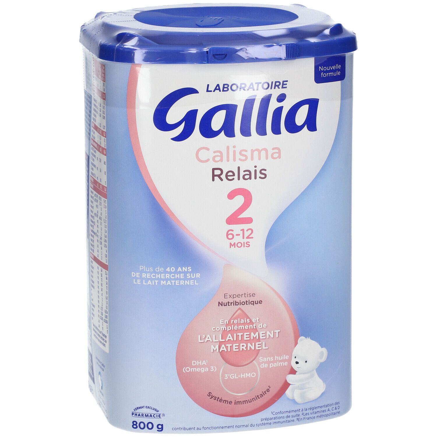 Boîte bleu et blanche Gallia Calisma Relais 2. Contient 800g. Pour bébés de 6-12 mois.