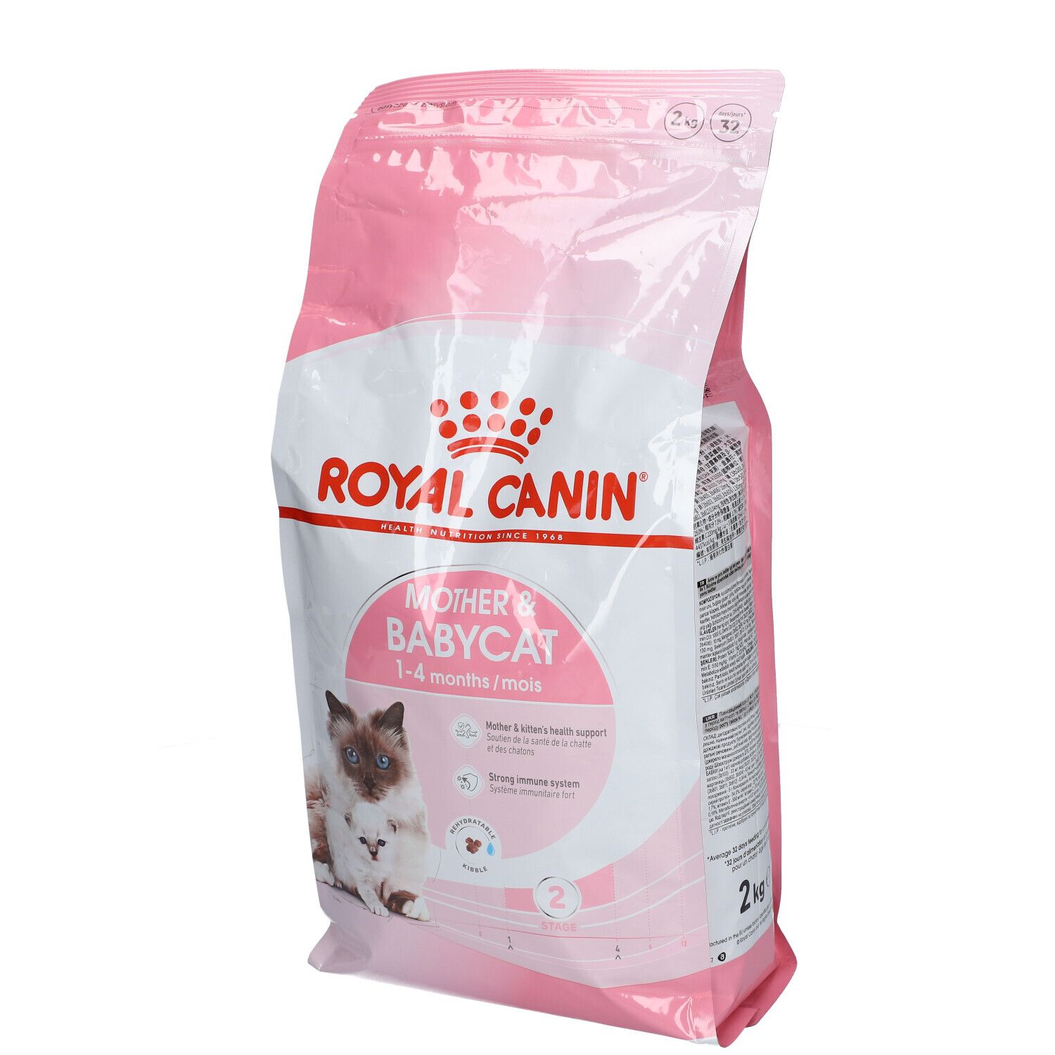 Emballage rose ROYAL CANIN Mother & Babycat. Illustration chat et chaton. Texte: 1-4 mois. Soutien santé et immunitaire.