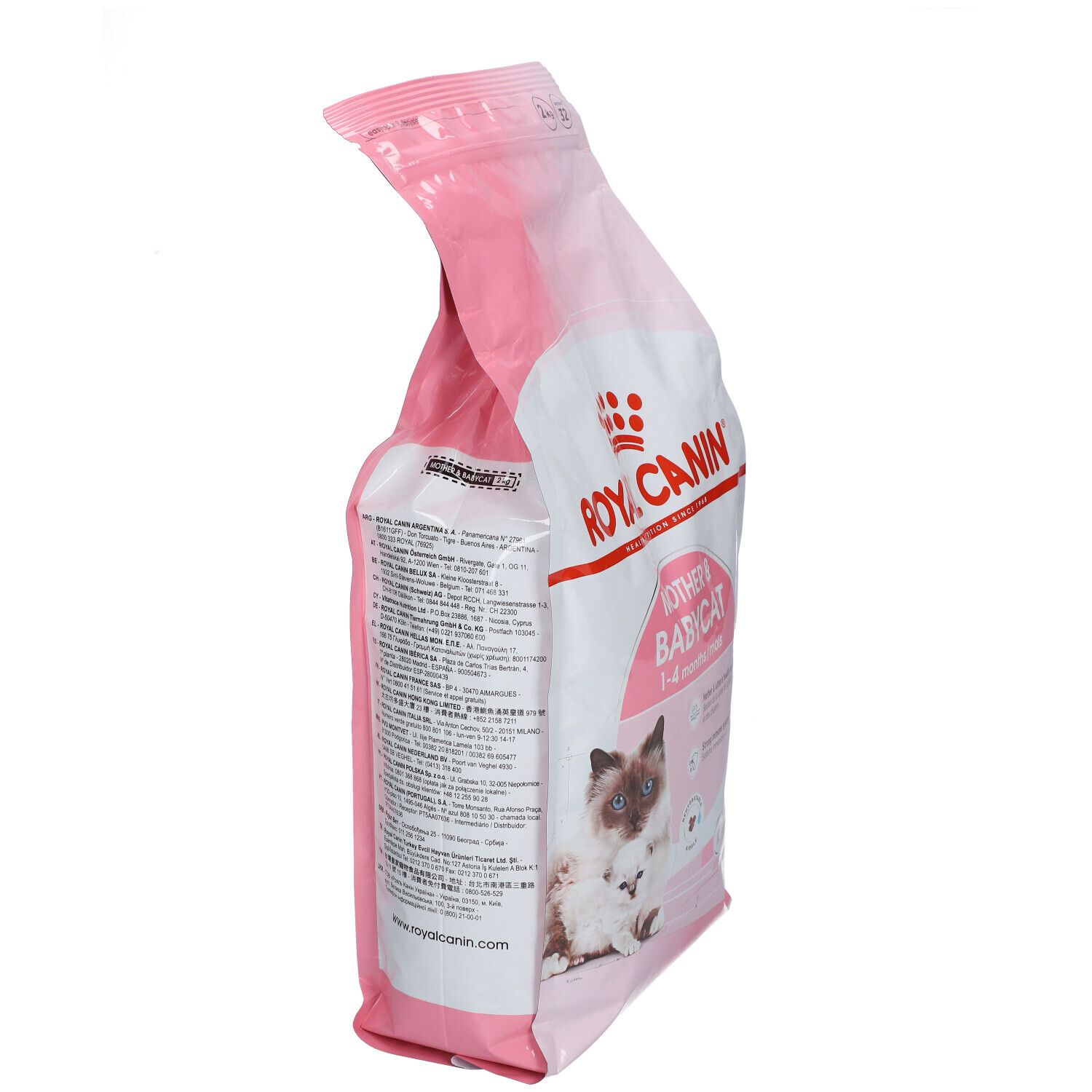 Emballage rose ROYAL CANIN Mother & Babycat, vue latérale. Texte et image chat et chaton. 2 kg.