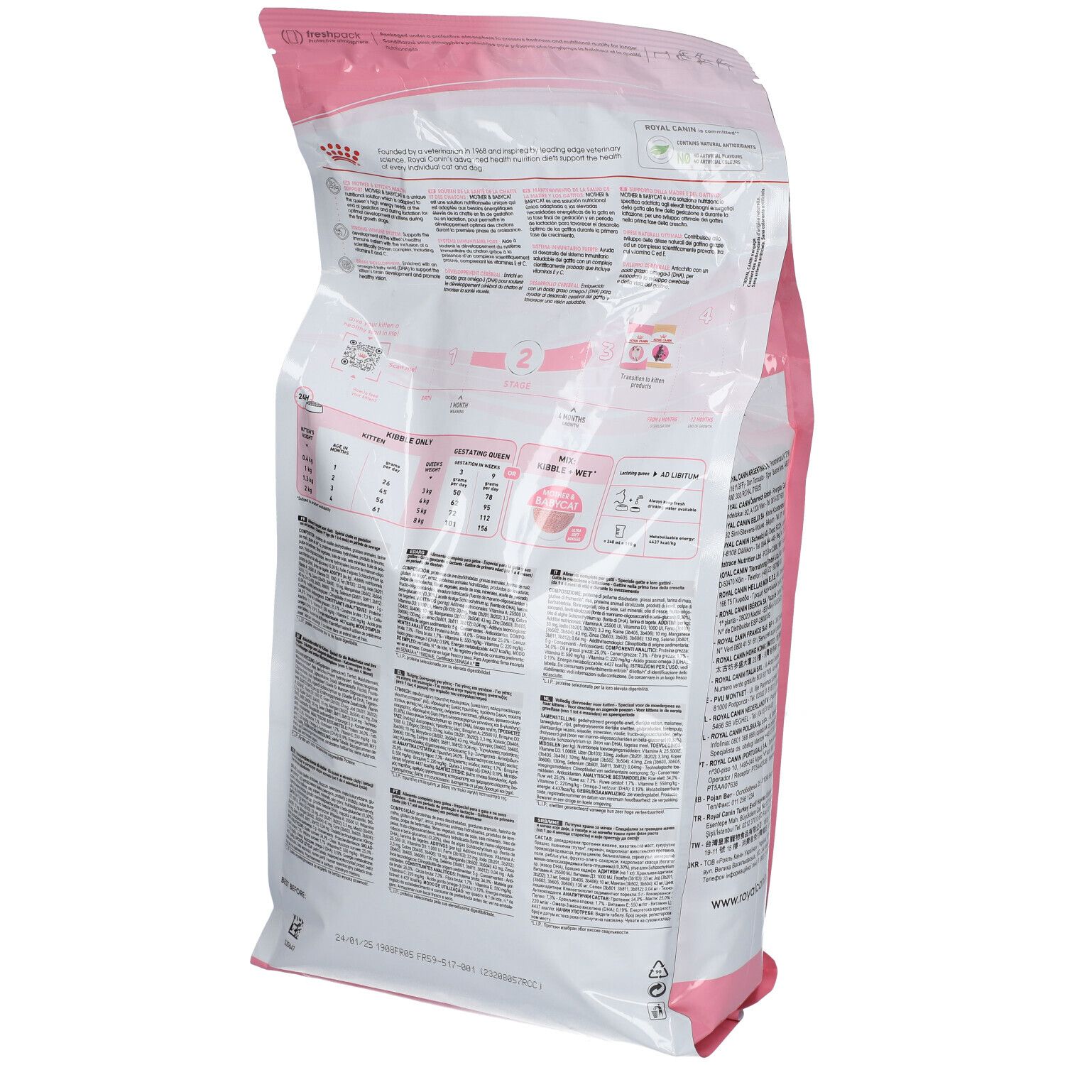 Dos de l'emballage rose ROYAL CANIN Mother & Babycat. Texte multilingue. Informations nutritionnelles et recommandations.